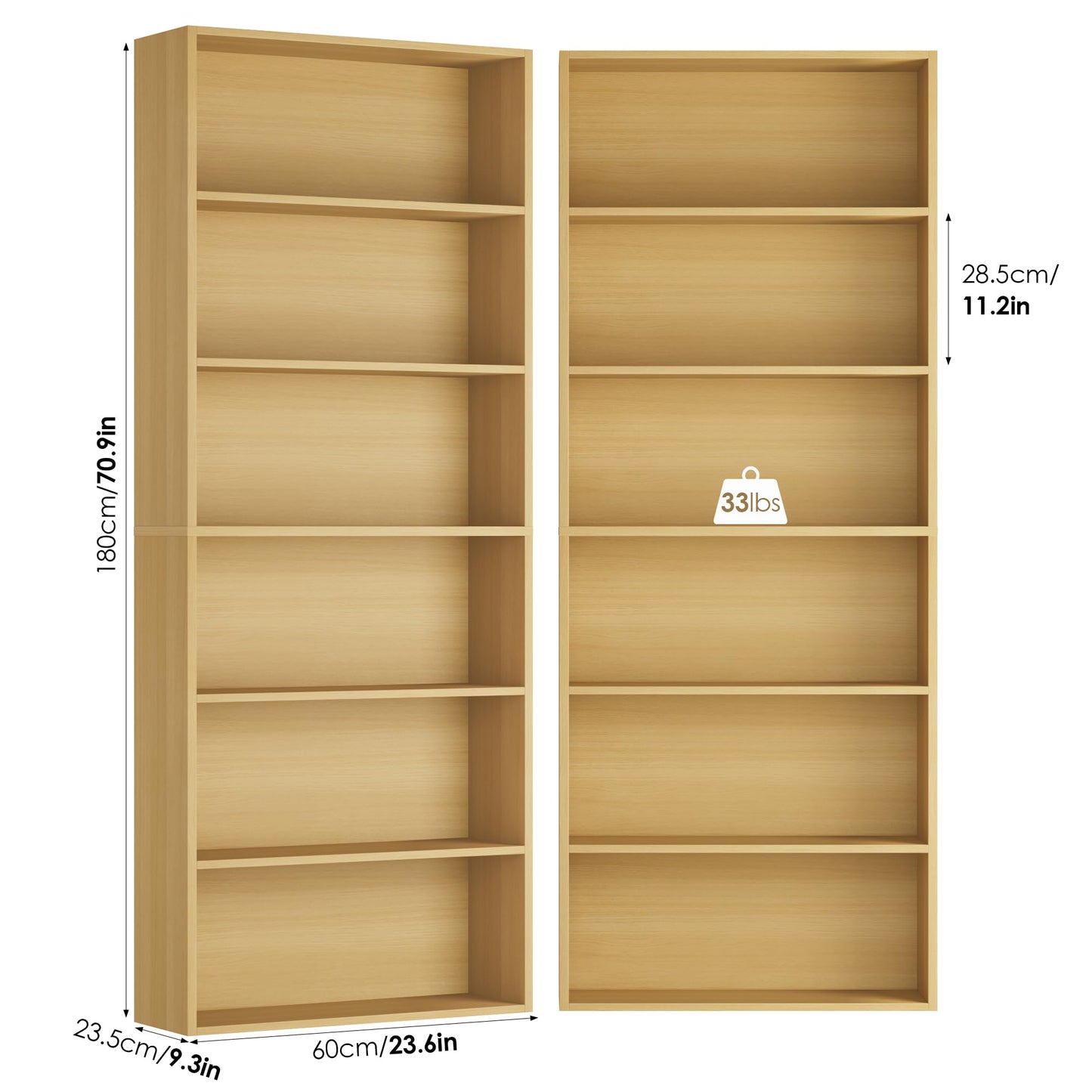 FOTOSOK 6-Tier Open Bookcase and Bookshelf Set of 2, Freestanding Display Storage Shelves Tall Bookcase for Bedroom, Living Room and Office, Natural