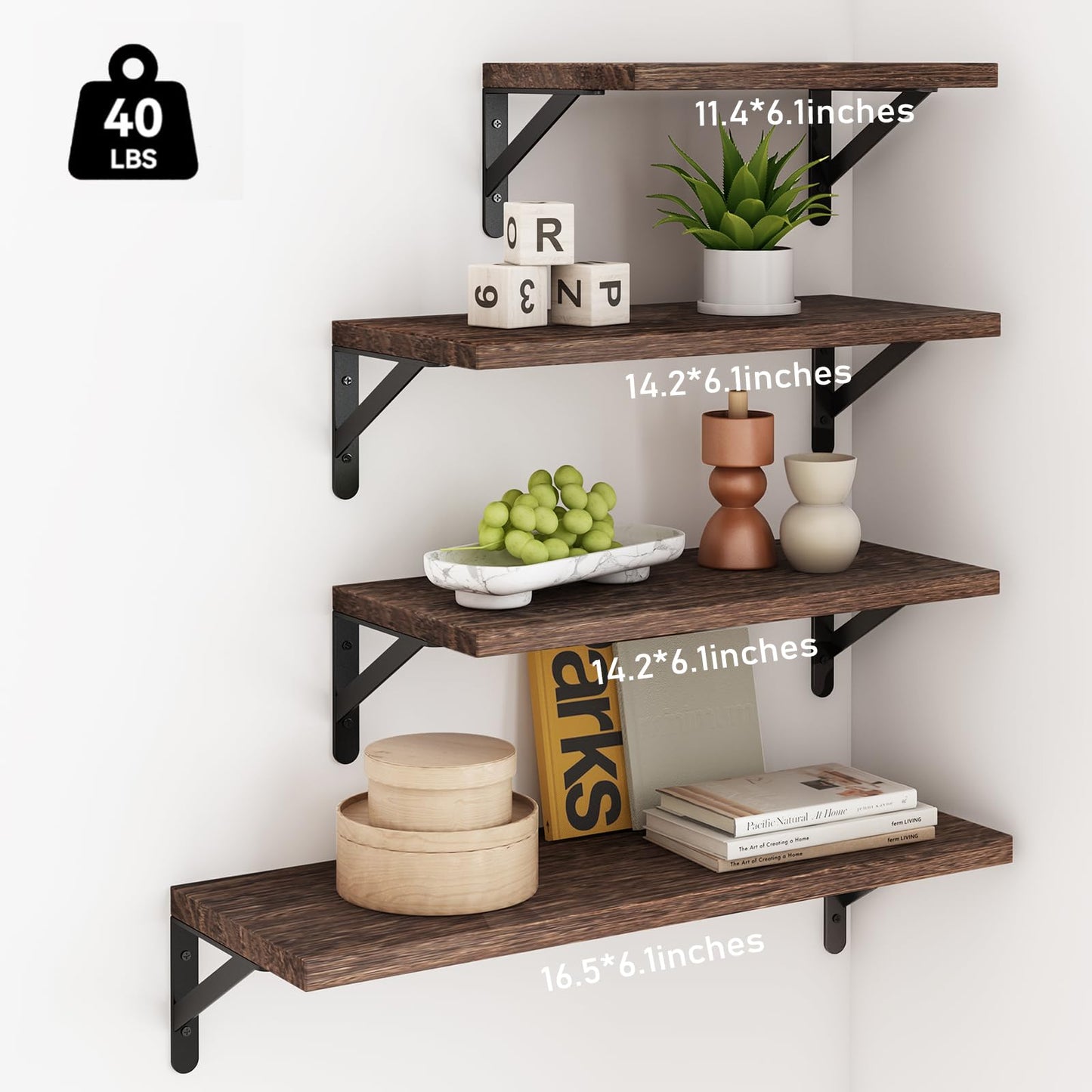 YGEOMER Wall Shelves, 4pcs Different Sizes Dark Carbonized Brown Floating Shelves for Decor
