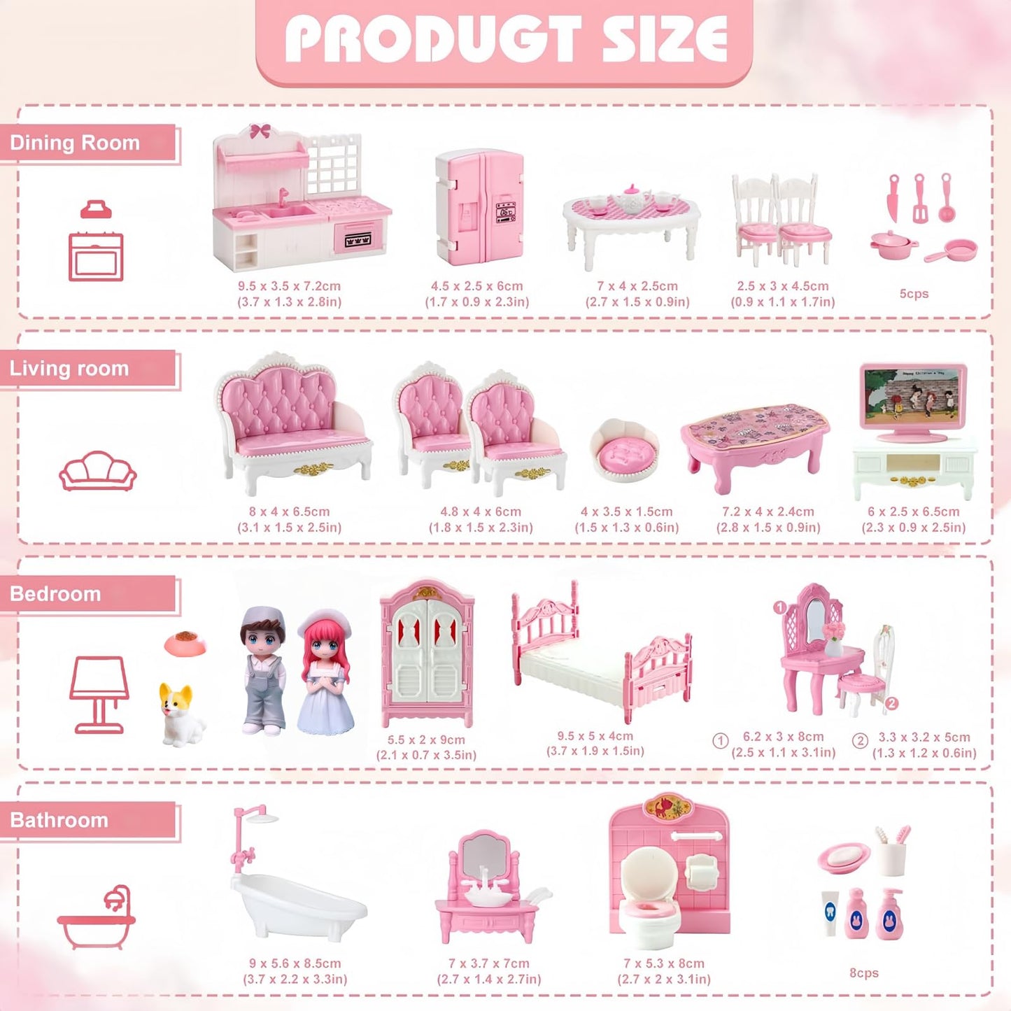 Princess Dollhouse Furniture Set, 48 Piece Luxury Miniature Accessories Collection with Living Room, Bathroom, Bedroom，Kitchen, TV Entertainment Set (Pink)