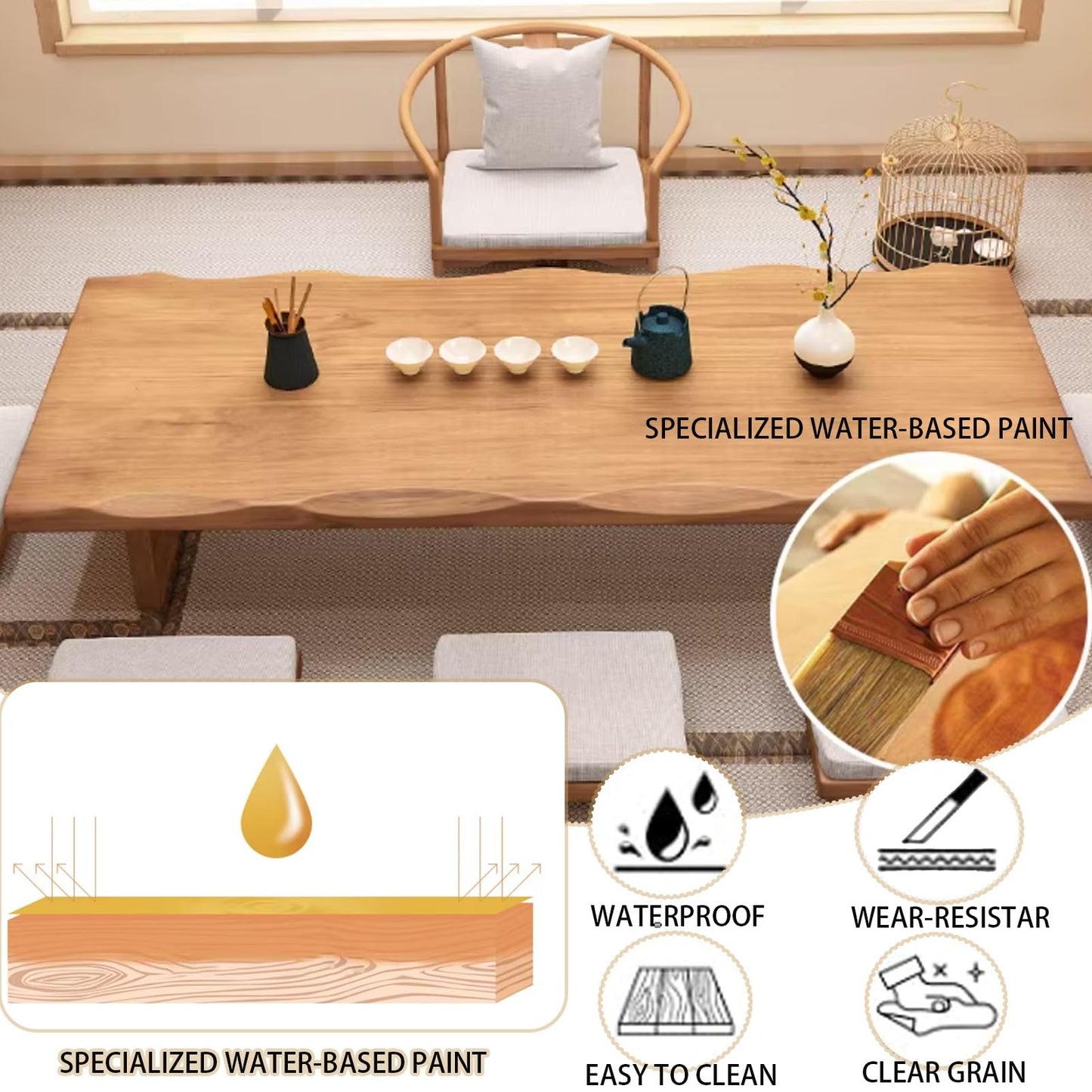 GLDGJMZ Zen Low Floor Table Solid Wood Japanese Tea Table with Embedded Tray & Wrought Iron Legs Coffee Table for Living Room Meditation & Tea Ceremony (55.1" x 23.6" x 13.8")
