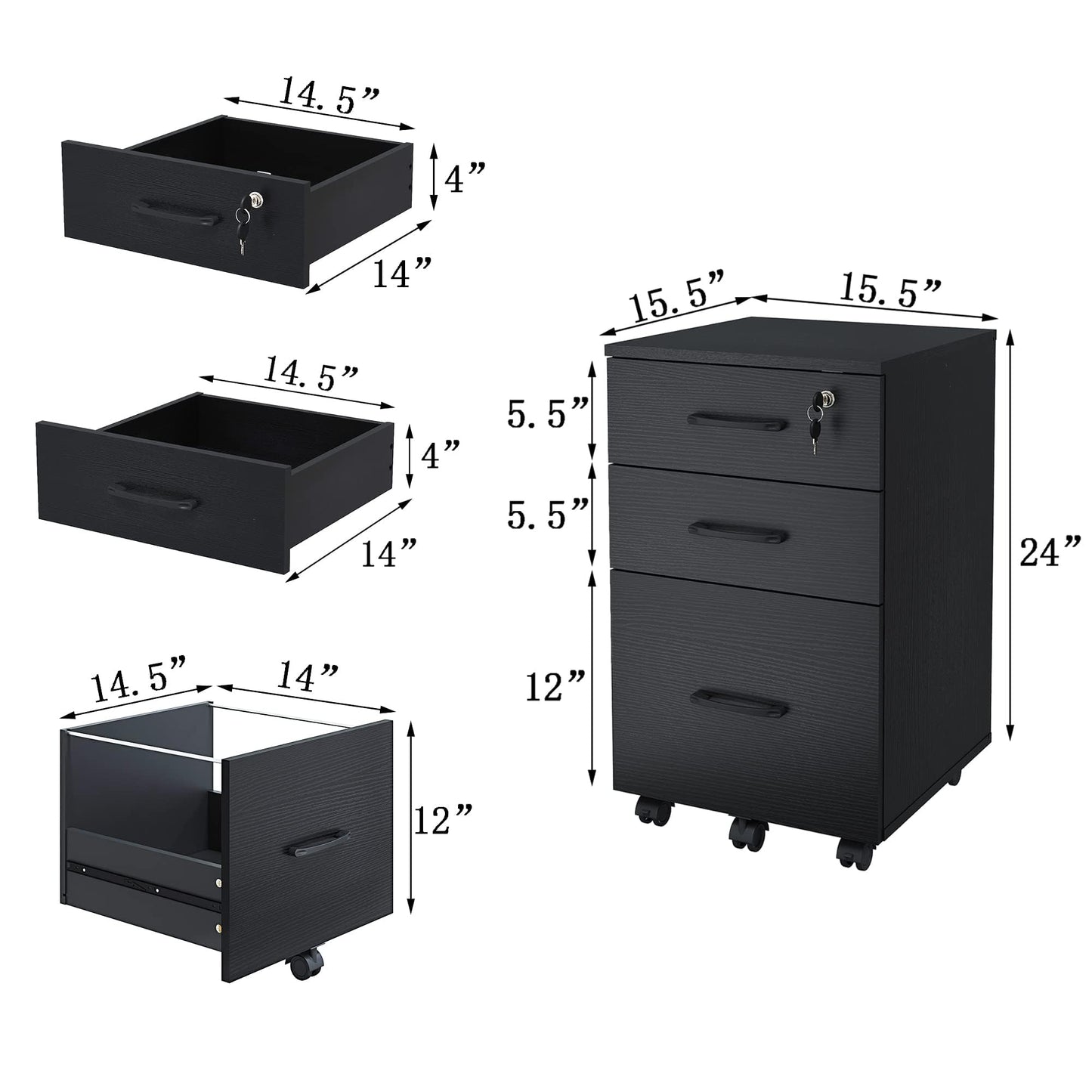 ALBSL File Cabinet with Lock,3 Drawer Wood Rolling Filing Cabinets Under Desk for Home Office, Office Storage Cabinet fits Letter/A4 Size,Mobile Filing Cabinet Printer Stand,Black