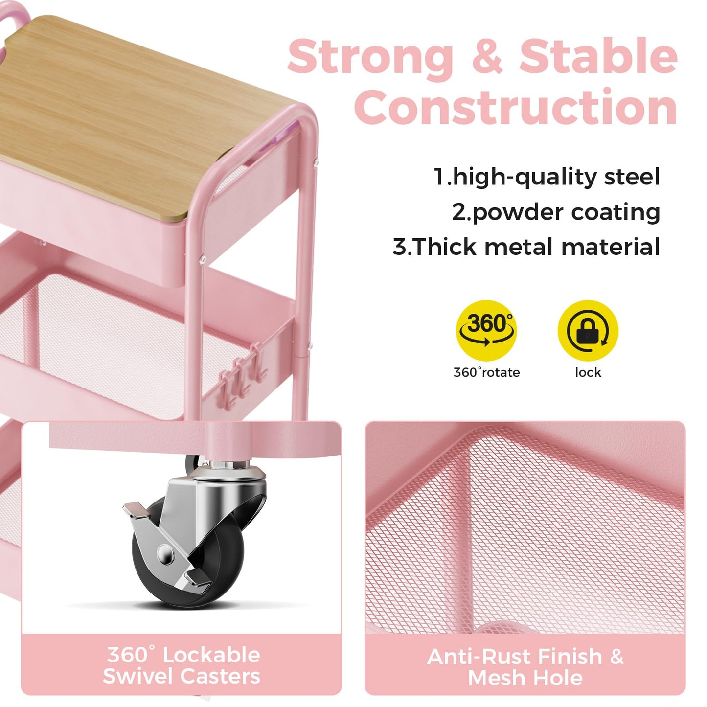 3 Tier Rolling Cart with Table top, Metal Rolling Utility Cart, Sturdy Storage Organizer Cart with Locking Wheels & Hooks for Office, Classroom, Kitchen and Bathroom，Pink