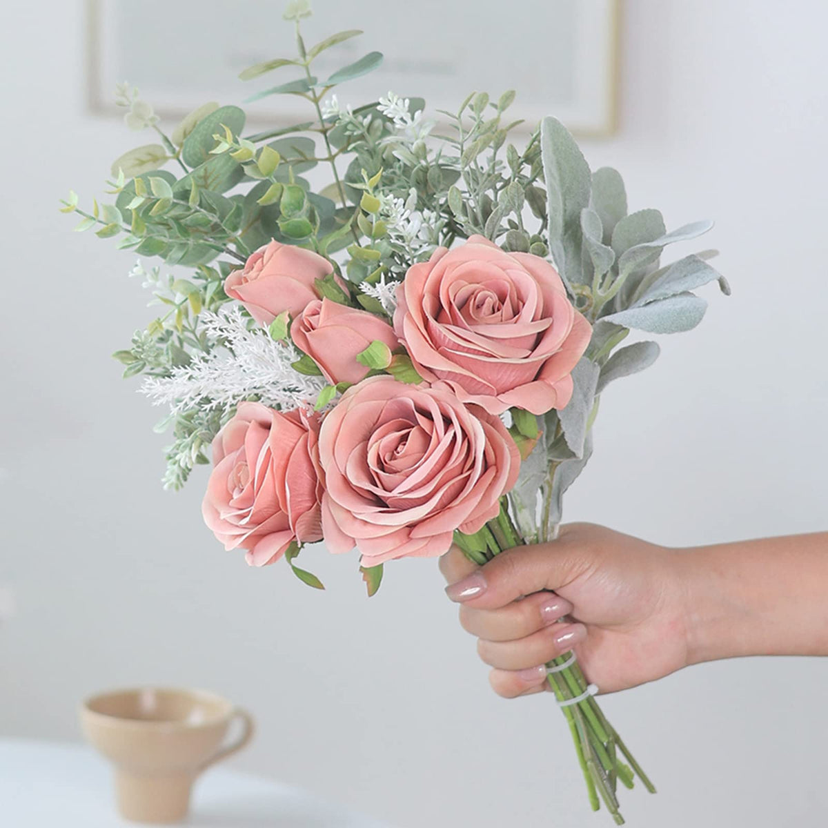 Faux Flowers with Vase,Artificial Silk Roses in Vase, Fake Plant Eucalyptus Flower Arrangement for Home Office Farmhouse Bathroom Dining Table Centerpiece Decorations Coffee Table Decor (Dusty Pink)