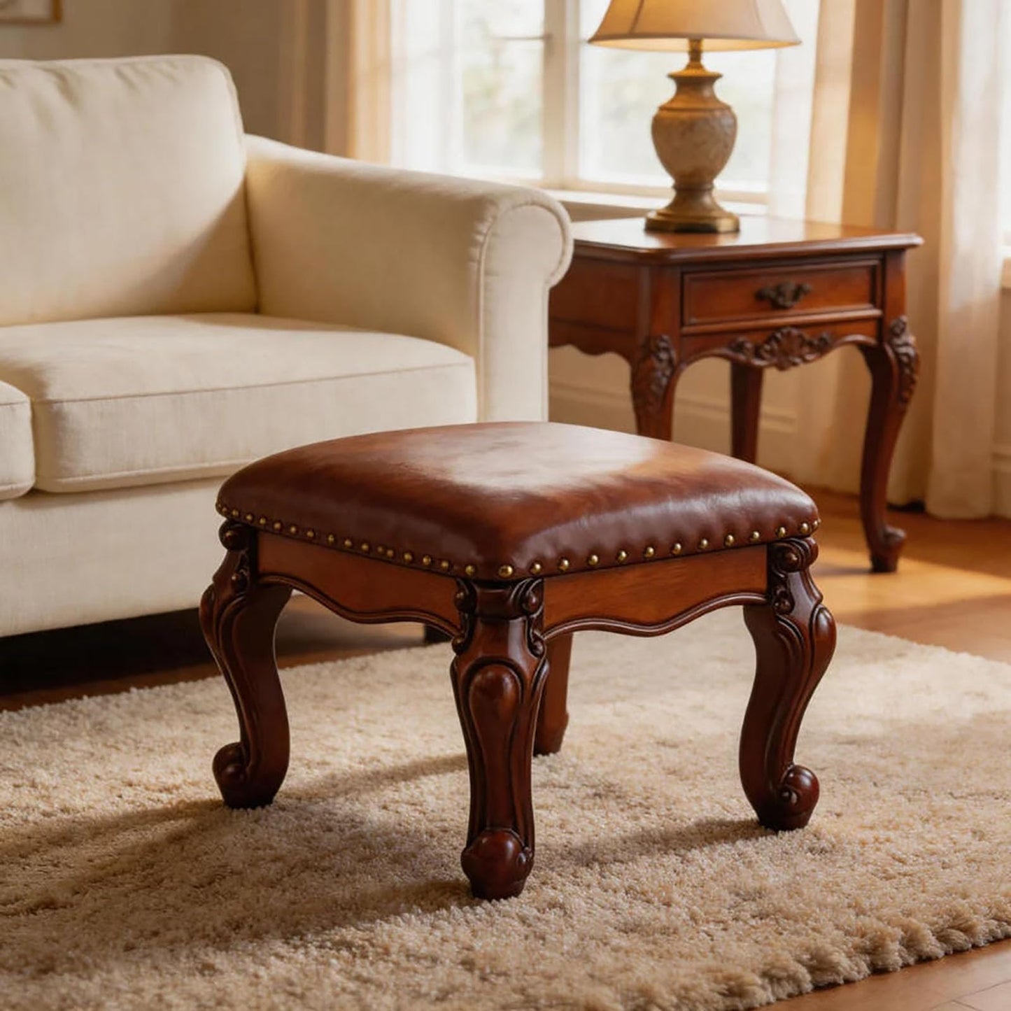 DEBJGO Leather Foot Stool, Vintage Footstools, Wooden Footrest, Upholstered Foot Rest for Living Room, Sofa, Entryway, Solid Wood Stool (Cherry, 15.7 "×12.9 "×12.6 ")