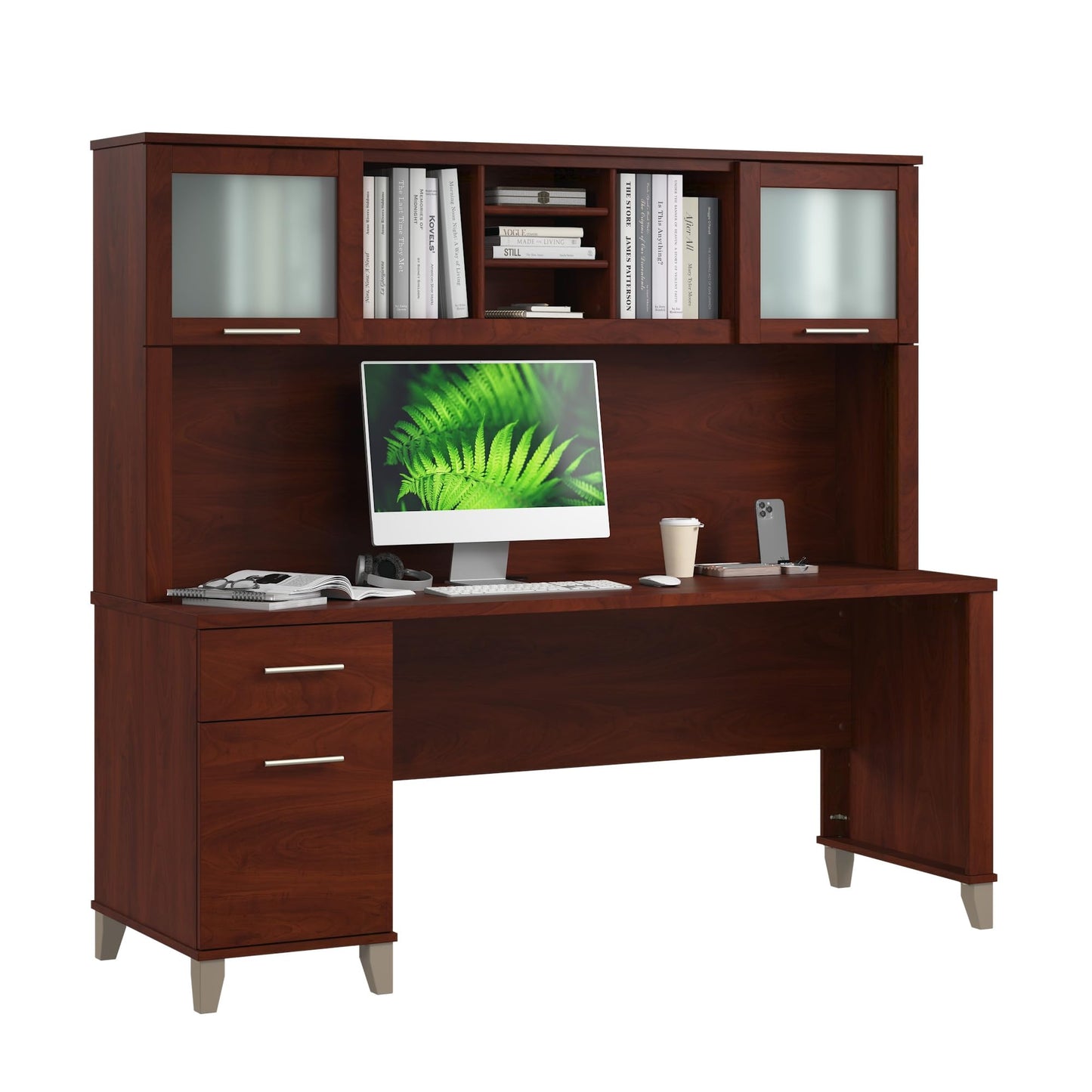 Bush Home 72-Inch Office Desk with Drawers and Hutch, Computer Desk with File and Box Drawers, Shelves and Storage Cabinet, Home Office Workstation, Somerset Collection, Hansen Cherry