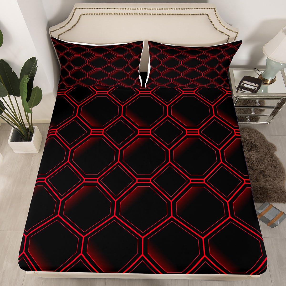 Erosebridal Honeycomb Queen Sheet Set for Boys Kids,3D Stereoscopic Red and Black Hexagon Sheets Geometric Hexagonal Beehive Bed Sheets Set,Abstract Art Geometric Room Decor
