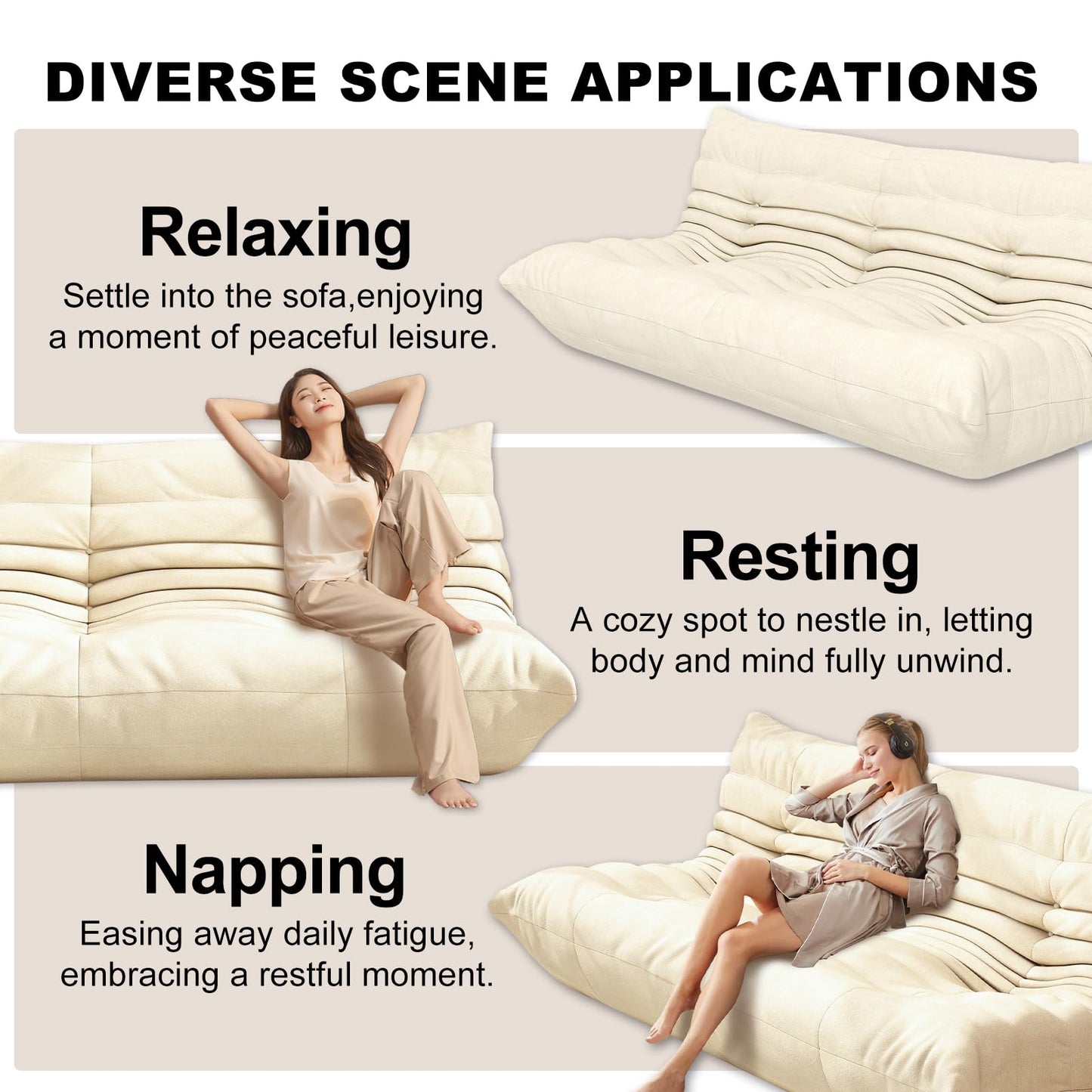 Full Foam Three Seater Sofa – Bean Bag Chairs Floor Couch for Adults, Waterproof Upholstery, Armless Fireside Lounge Chair for Living Room, Apartment, or Office (White)