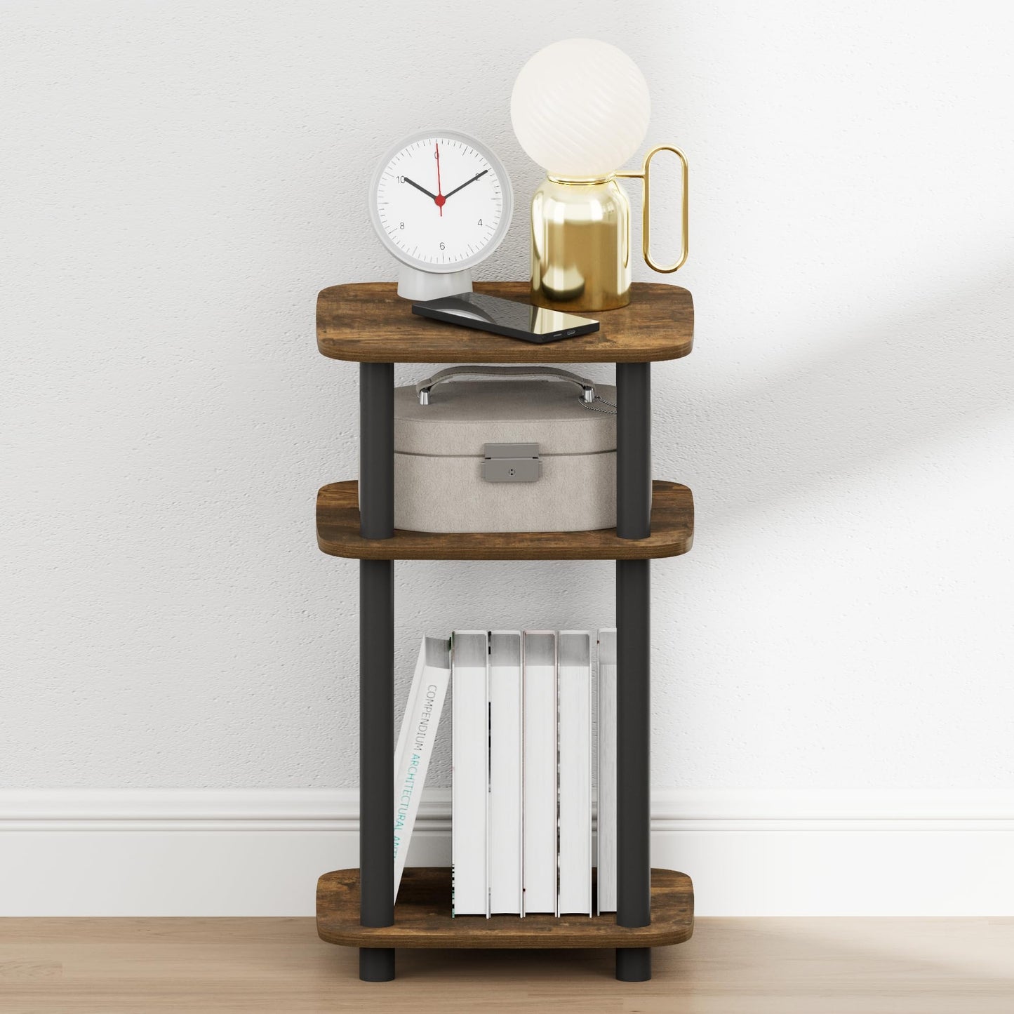 Furinno JUST Night Stand, 3-Tier Turn-N-Tube Nightstand with Open Shelf, Round Curve Corner Side Table, End Table, Easy Assembly, for Living Room, Bedroom, Amber Pine