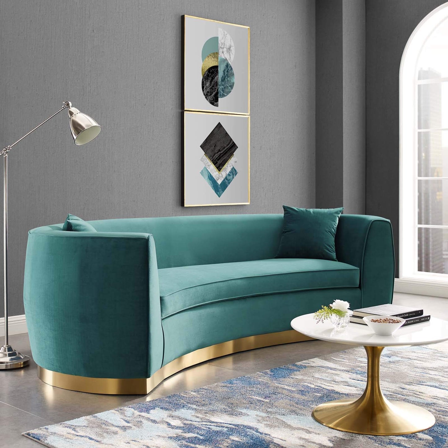 Modway EEI-3408-TEA Resolute Curved Performance Velvet Sofa, Teal
