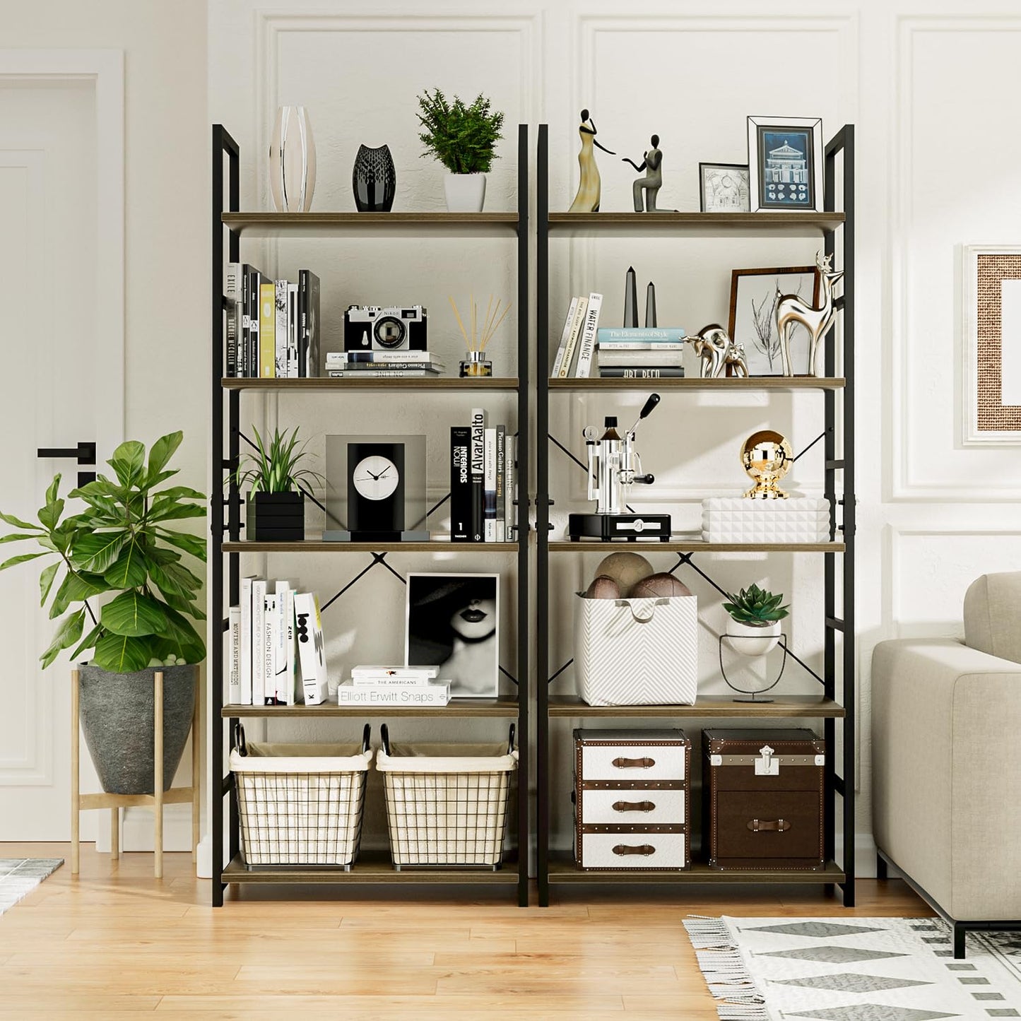 NUMENN 5 Tier Bookshelf, Tall Bookcase Shelf Storage Organizer, Modern Book Shelf for Bedroom, Living Room and Home Office, Dark Walnut
