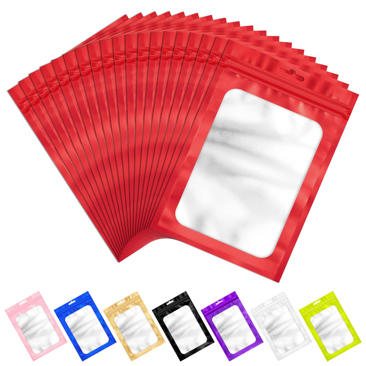 100 PCS Resealable Mylar Bags with Frosted Clear Window, Smell Proof Packaging Bags Foil Pouch Zip Bag for Food Self Sealing Storage Supplies Xmas Treat Bag (Red, 4.72x7.1)