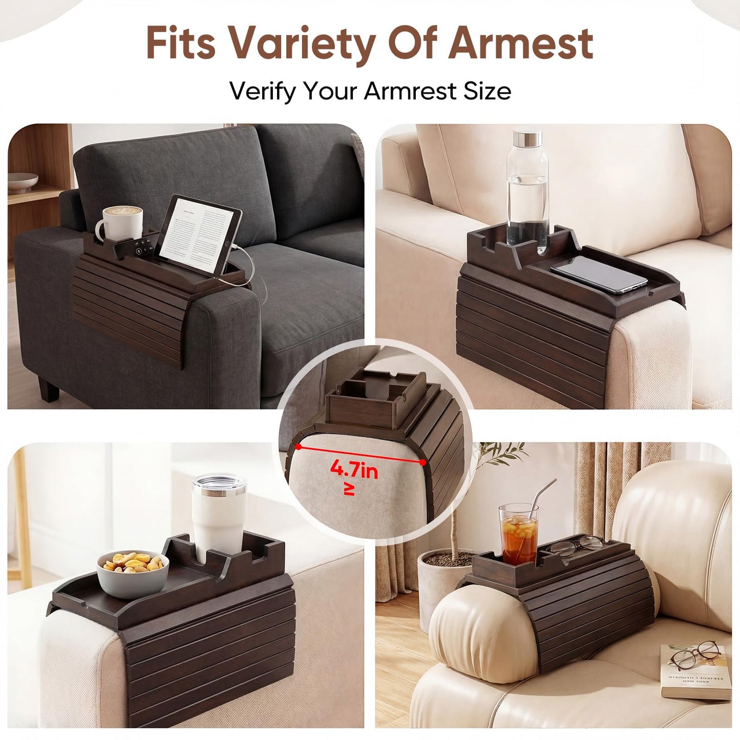 Dumbpec Bamboo Couch Arm Tray Table with Built-in Cup Holder, Foldable Anti-Slip Sofa Armrest Table for Drinks, Phone & Remote, Fits 4.7–16.9 in Armrests, Holds Cups up to 3.5 in Diameter (Brown)