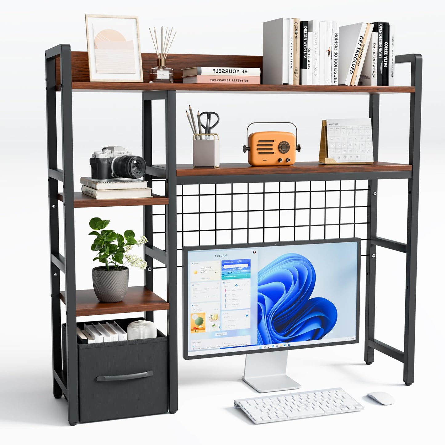 Rifoer Desk Hutch for Computer Monitor,Desktop Bookshelf Organizer,4 Tier Desk Hutch with Grid Panel,38.6" Desk Shelf Storage Rack for Home Office,Study,Dorm,Black