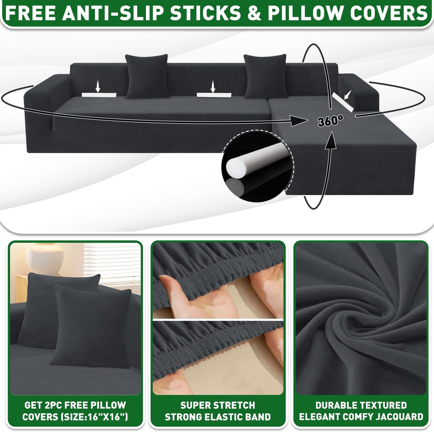 ZNSAYOTX 2026 Soft Velvet Sectional Couch Covers, Luxury Plush Slipcovers with Elastic Bottom for L Shape Sectional Sofa, 2 Pcs Pet Friendly Protector (3 Seat Couch + 2 Seat Chaise, Black)