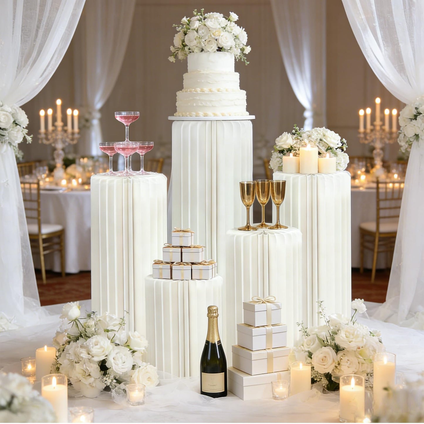 JarThenaAMCS 5 Pcs Portable White Cylinder Stand for Party Round Tall Cake Pedestal Stands with Acrylic Plates Foldable Cardboard Column Tables for Anniversary Birthday Baby Shower Wedding Decor