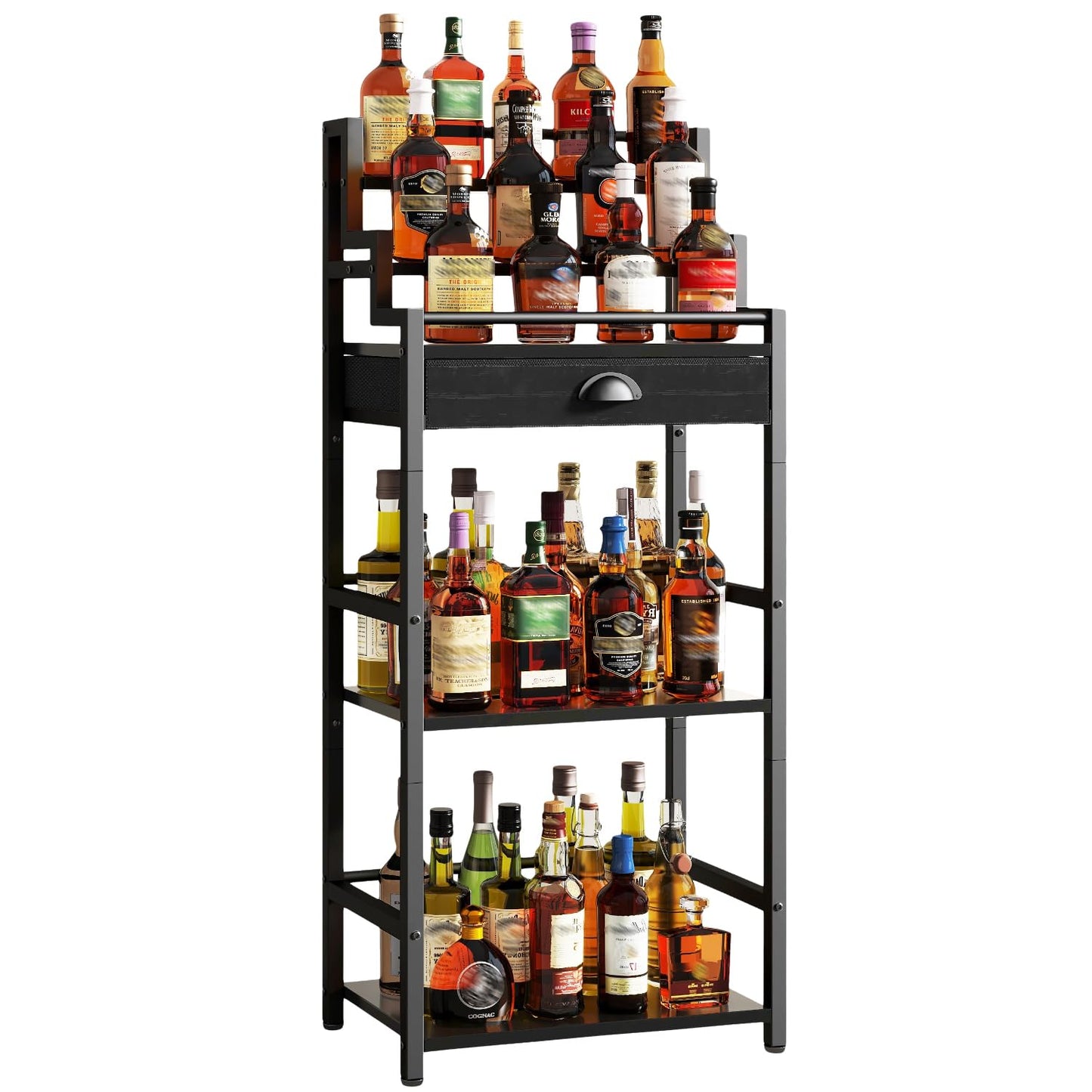 IBUYKE Stepped Wine Rack Freestanding Floor,Bar Cabinet with Drawer and Display Shelf for Whiskey,Corner Liquor Bottle Display Cabinet for Home,Living Room,Dining,Black UTMJ915B