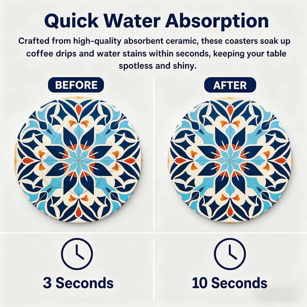VowVibe Boho Chic Coasters for Dorm Room & Creative Studio, Mandala Dream Pattern Absorbent Stone Mats, 6 Pack, Aesthetic Apartment Essentials for Gifting