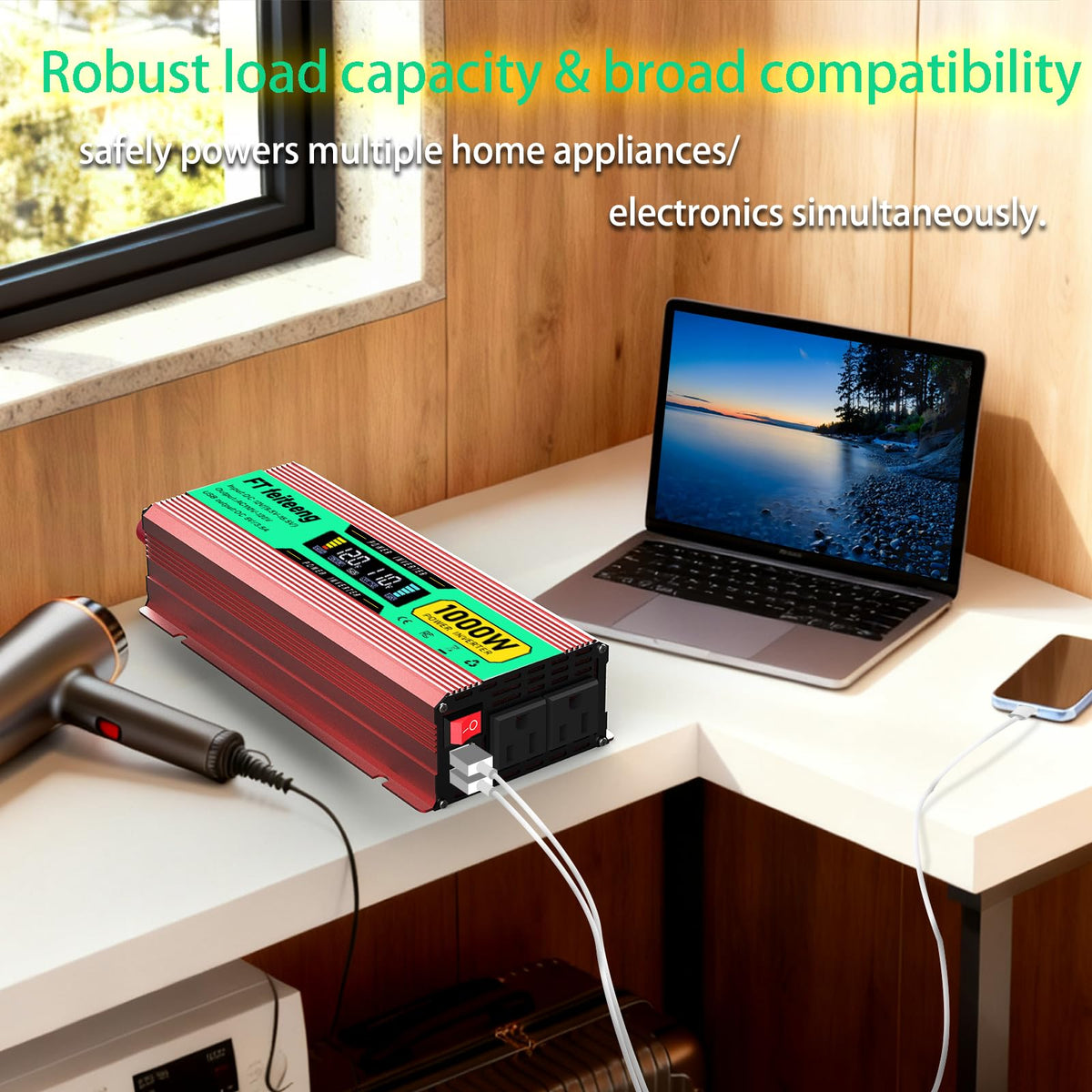 1000 Watt Power Inverter, Car Inverter 12V to 120V with 2 AC Outlets, 2 USB Ports, Cooling Fan, Cables and LED Screen for Vehicles, Home Use and Outdoor Camping