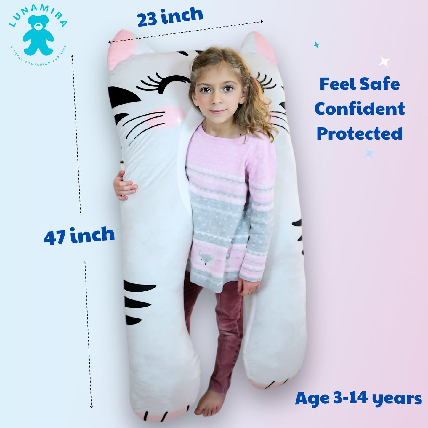 LUNAMIRA Cat Kids Body Pillow - 47" U-Shape Long Plush Soft Animal Pillow for Kids, Sleeping, Reading, ADHD & Special Needs Comfort, Anxiety, Washable Cover, Snuggle Fun Cuddle Gift for Boys & Girls