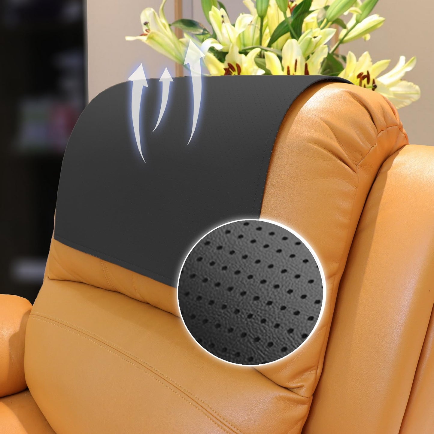 AmazeCov Non Slip Headrest Cover for Recliner Chair, Breathable PU Leather Lazy Boy Recliner Headrest Cover, Furniture Headrest Protector for Office Chair Theater Seat and Sofa,Black