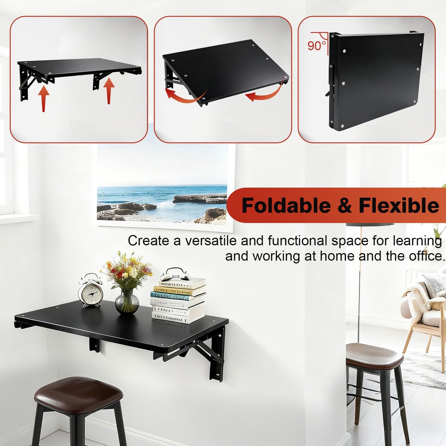 IDUNSEED Folding Shelf Wall Mounted for Small Space, Black Wall Table for Living Room Bedroom Decor, Home Office Floating Fold Down Desk, Media Shelves with Heavy, 16.5"*11.8"