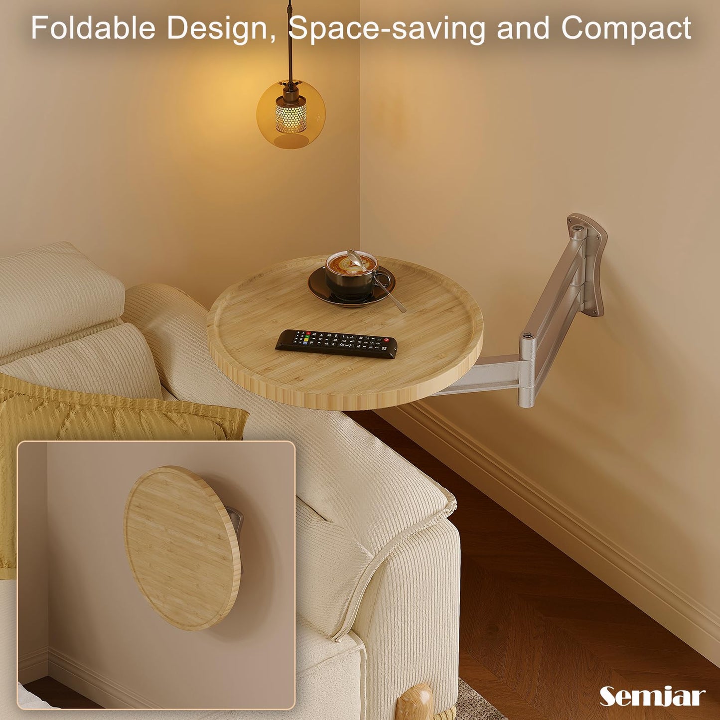 Semjar Wall Mounted Folding Table,Retractable Small Bamboo Drop Down Floating Wall Desk,11.8" Round Wood Tabletop with Aluminum Alloy Brackets,Bedside Wall Shelf Drop Top Desk,Fold Down Nightstand