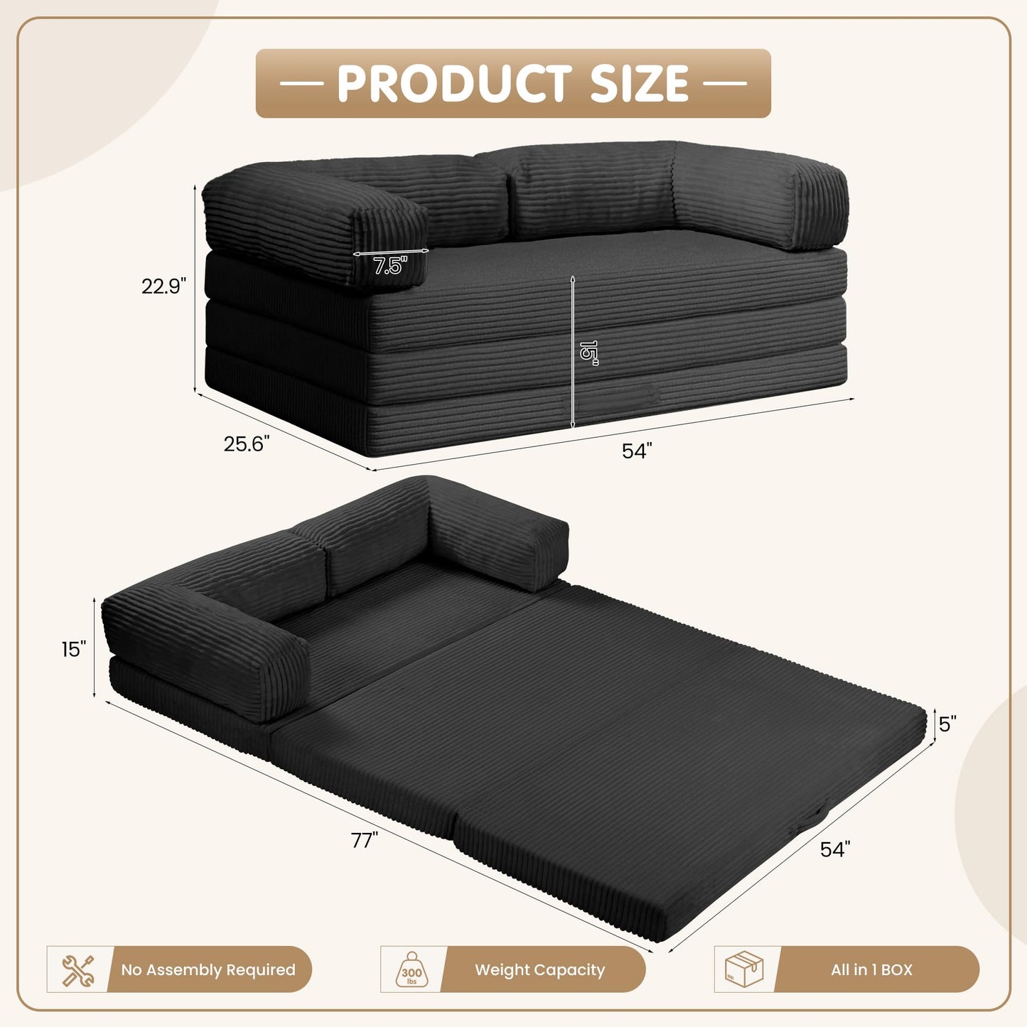 5-in-1 Convertible Sofa Bed,54" Boneless Couch Tri Folding Floor Mattress with Removable L-Shaped Armrests & Handle,Corduroy Futon Couch Sleeper with Pull Out Bed for Living Room Bedroom Apartment