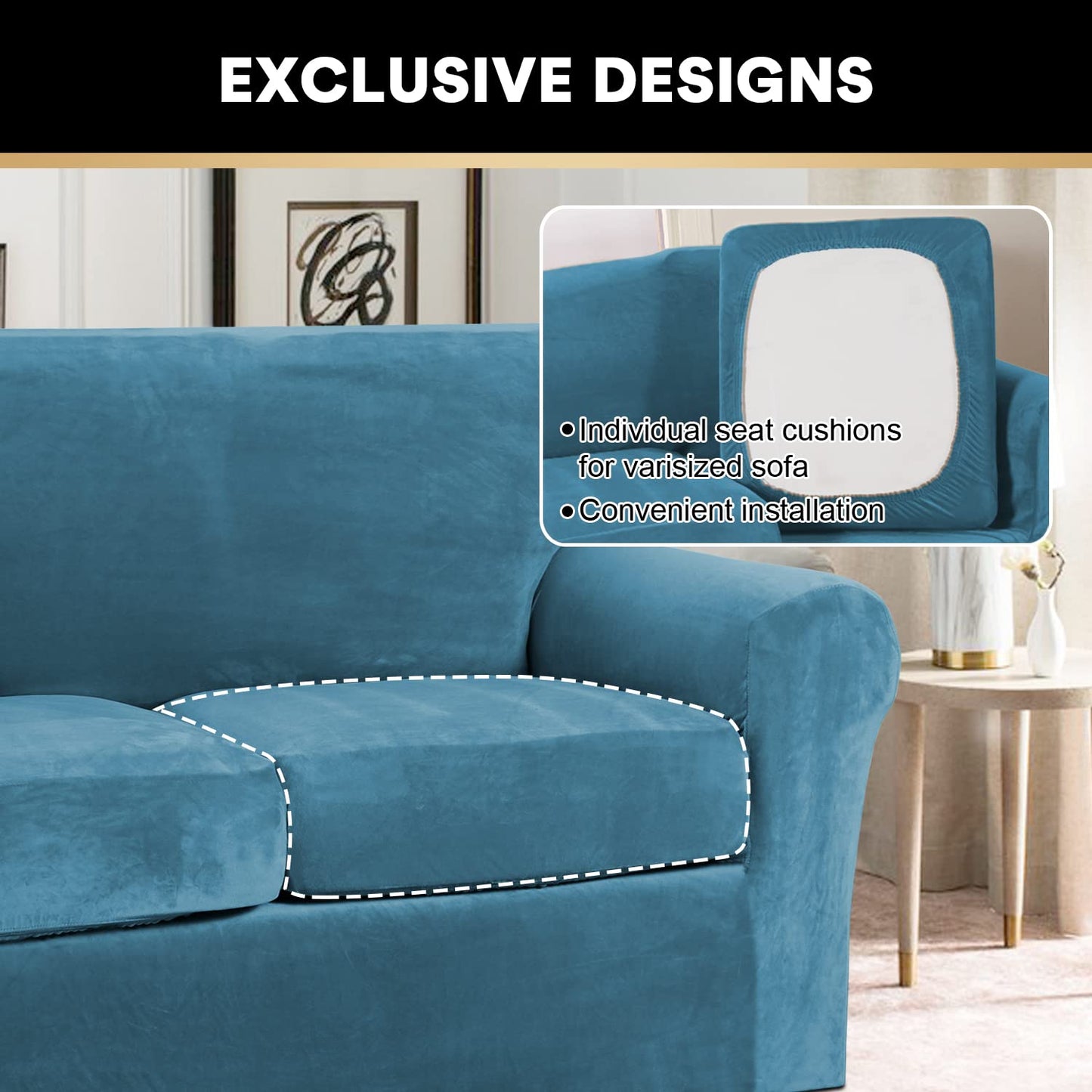 PrinceDeco Velvet Couch Cover Loveseat Covers for 2 Cushion Couch 3 Piece Sofa Covers for Dogs Washable Loveseat Covers Width Up to 72 Inch No Slip Stretch Sofa Slipcover(Medium, Blue)