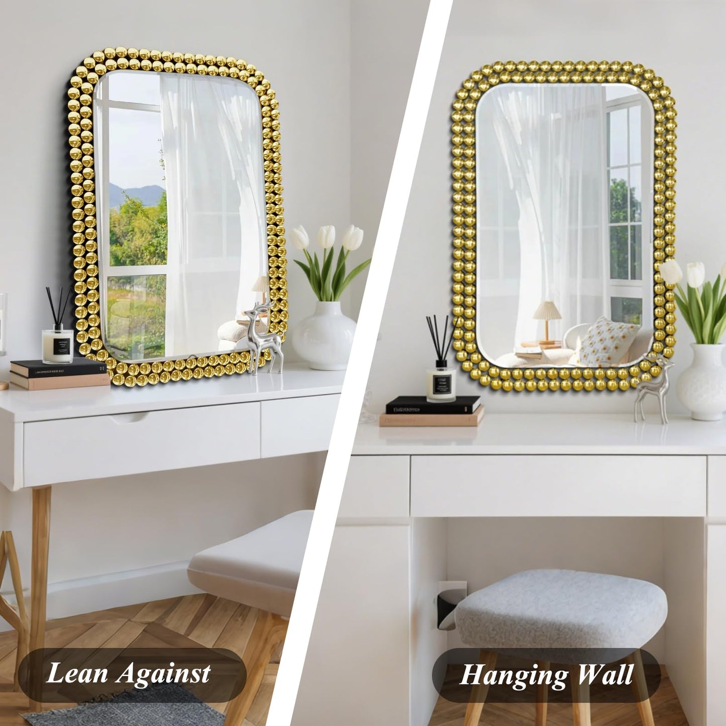 Scoffee Wall Mount Bathroom Mirror Beaded Framed Baroque Decorative Vanity Mirror Rounded Corner Rectangle Mirror for Wall,Over Sink，Bedroom