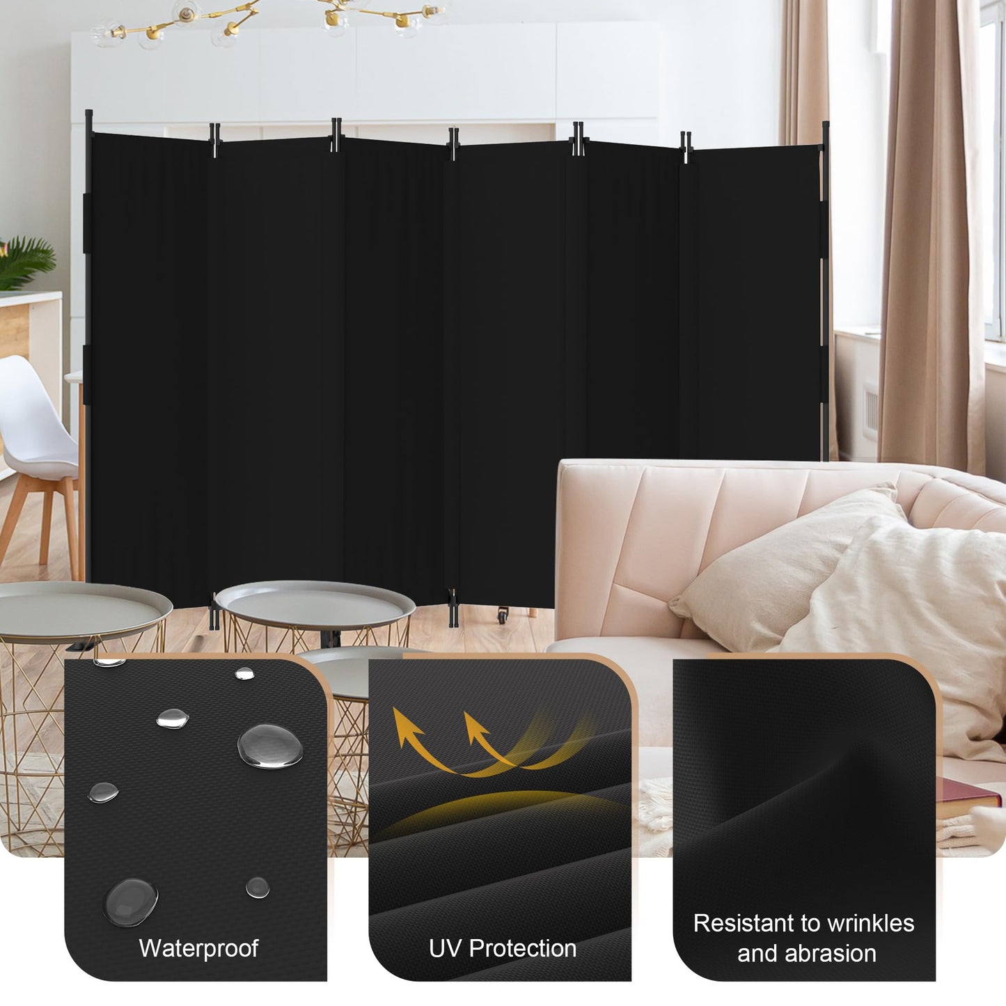 Phonjoroo Room Divider, 6 Panel Upgraded Folding Privacy Screen, 132” Highly Secretive Separation with 4 Metal Feet, Partition Screen, Lightweight Freestanding Wall Divider Bedroom (Black)