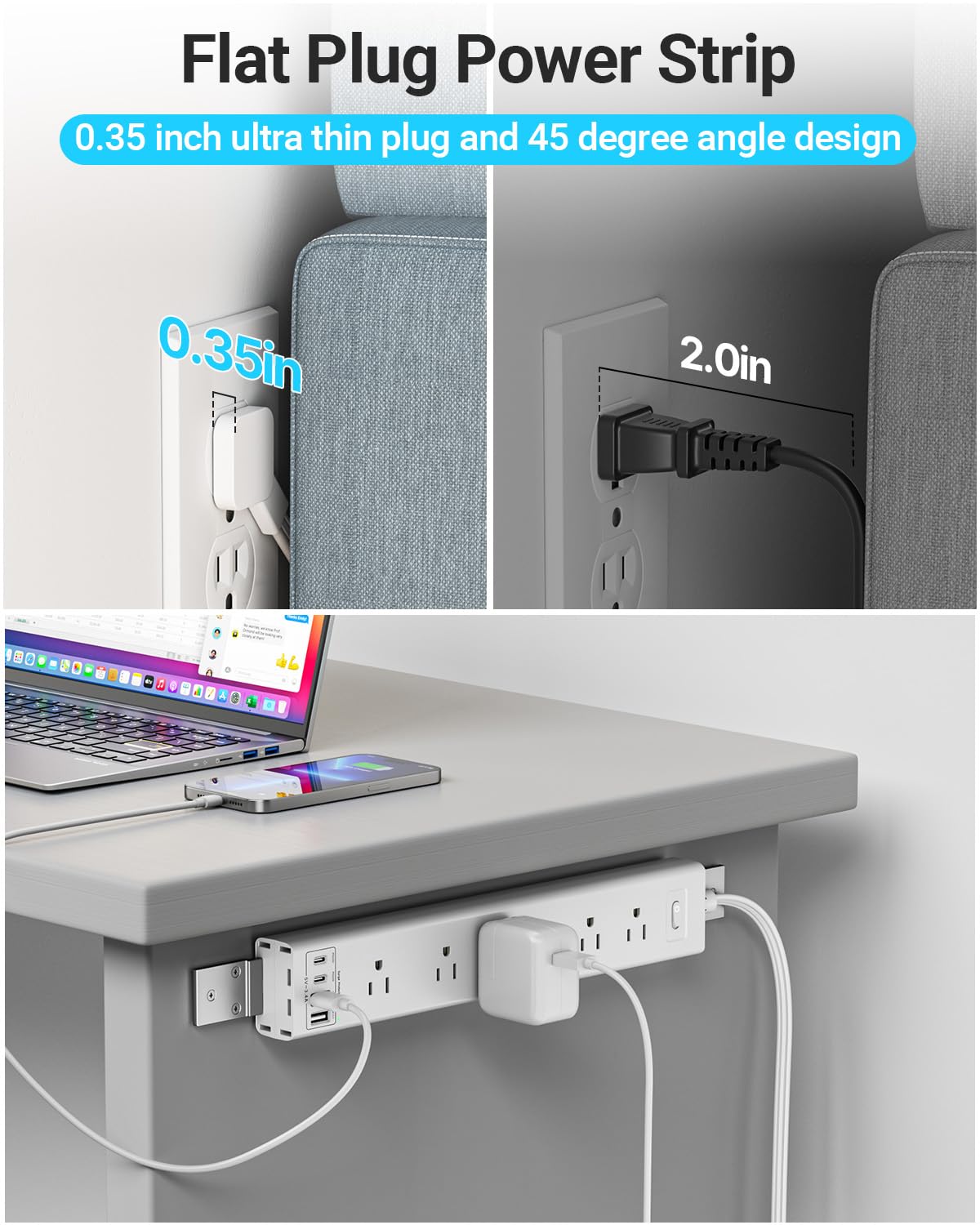 360° Mountable Surge Protector Power Strip with 4 USB Ports (2 USB C), 6 FT Electrical Outlet & Flat Plug Extension Cord for Under Desk, Wall, or Corner Mount (White)