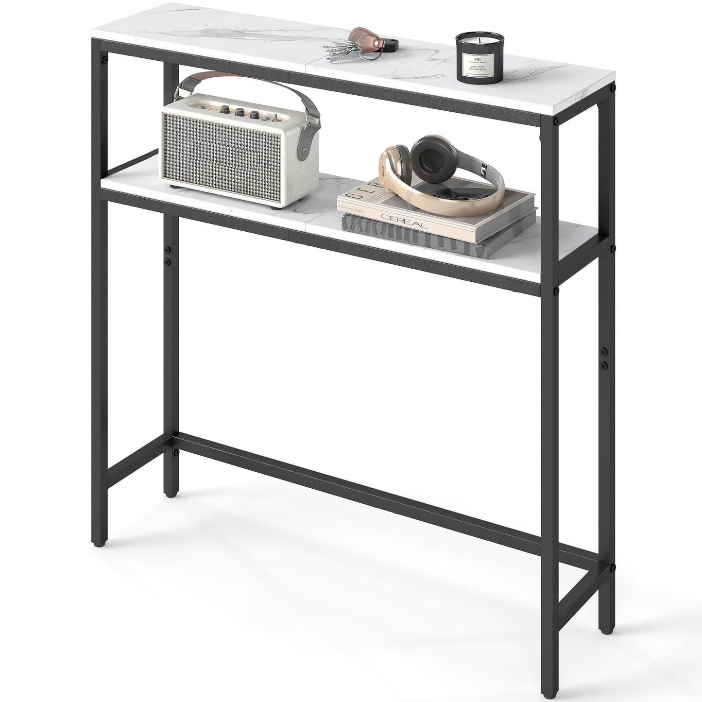 VASAGLE Console Table, 2-Tier Narrow Sofa Table with 2 Shelves, 7.9 x 31.5 x 31.5 Inches, for Living Room, Hallway, Entryway, Marble White and Ink Black ULNT130W59V1