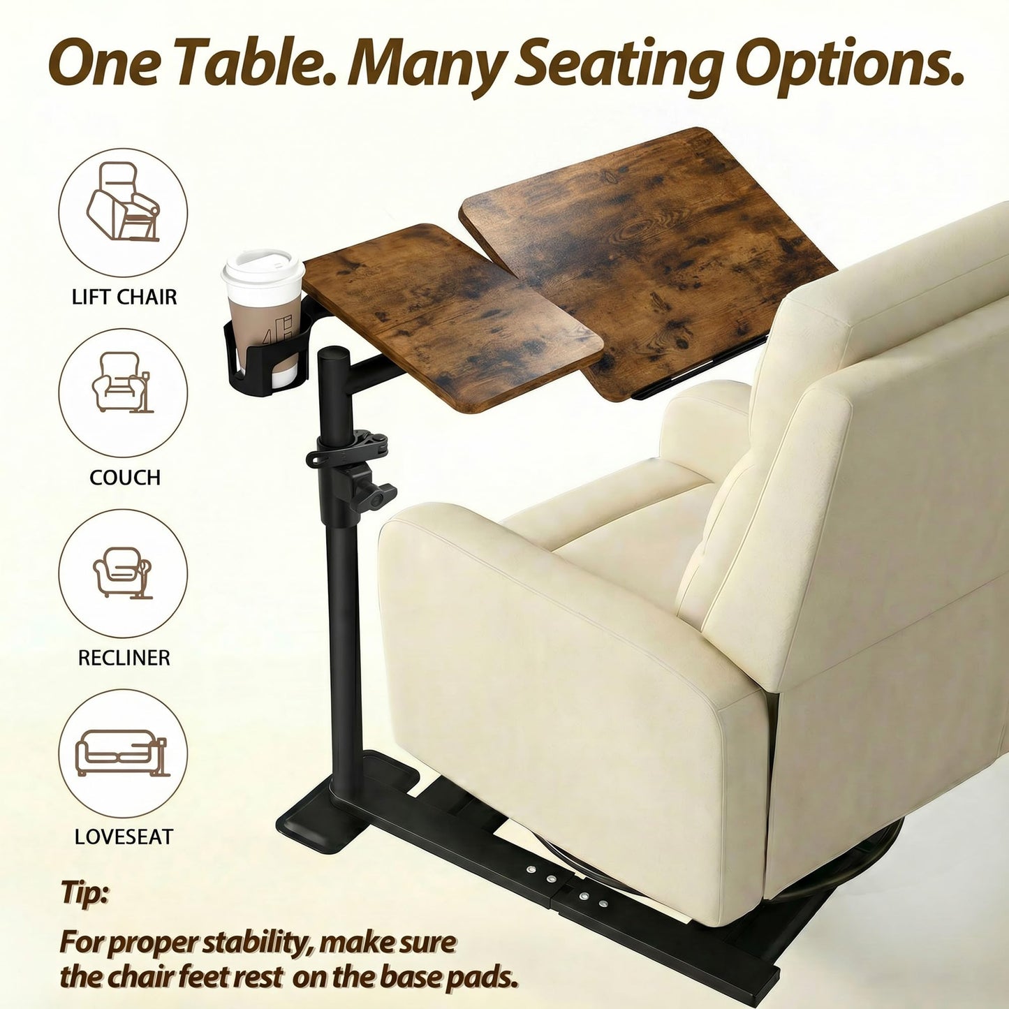 YUHFERA Swivel Table for Recliner Chair with Tilting Top, Adjustable Laptop Side Table for OverCouch & Sofa, Slide Under Tray Tables for Eating & Reading, Armchair Desk (Rustic Brown)
