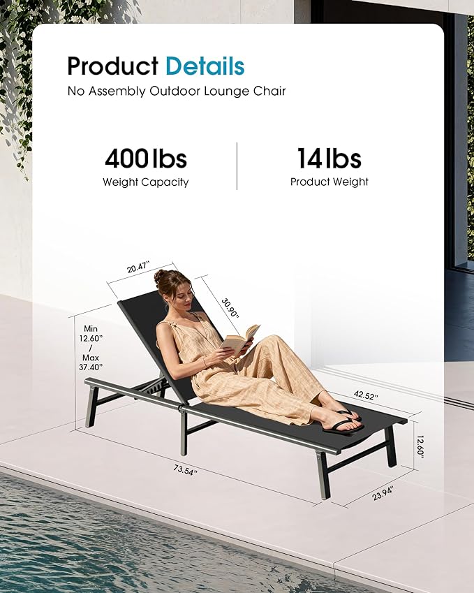 Ciokea Foldable Outdoor Lounge Chair Set of 2, No Assembly Aluminum Chaise