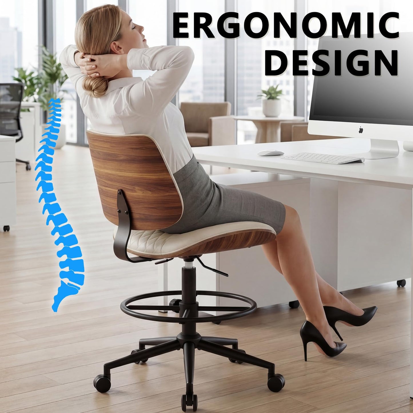 BERYTH Drafting Chair with Adjustable Footrest, Armless Modern Tall Office Chair for Standing Desk, PU Leather Swivel Stool in Curved Bentwood Style, Ergonomic Rolling Walnut Chair for Office(Beige)