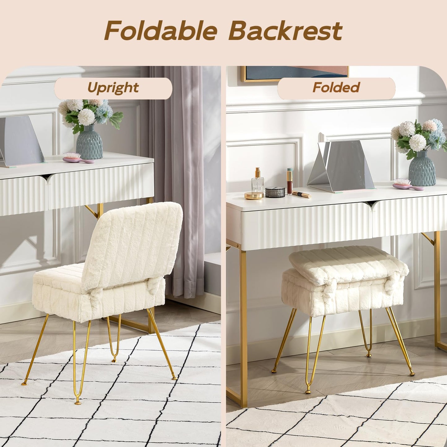Manyday Vanity Chair with Storage, Comfy Ottoman with Folding Back, Faux Fur Vanity Stool with 4 Metal Legs for Make Up, Furry Padded Seat with Anti-Slip Feet for Bedroom Dressing Room