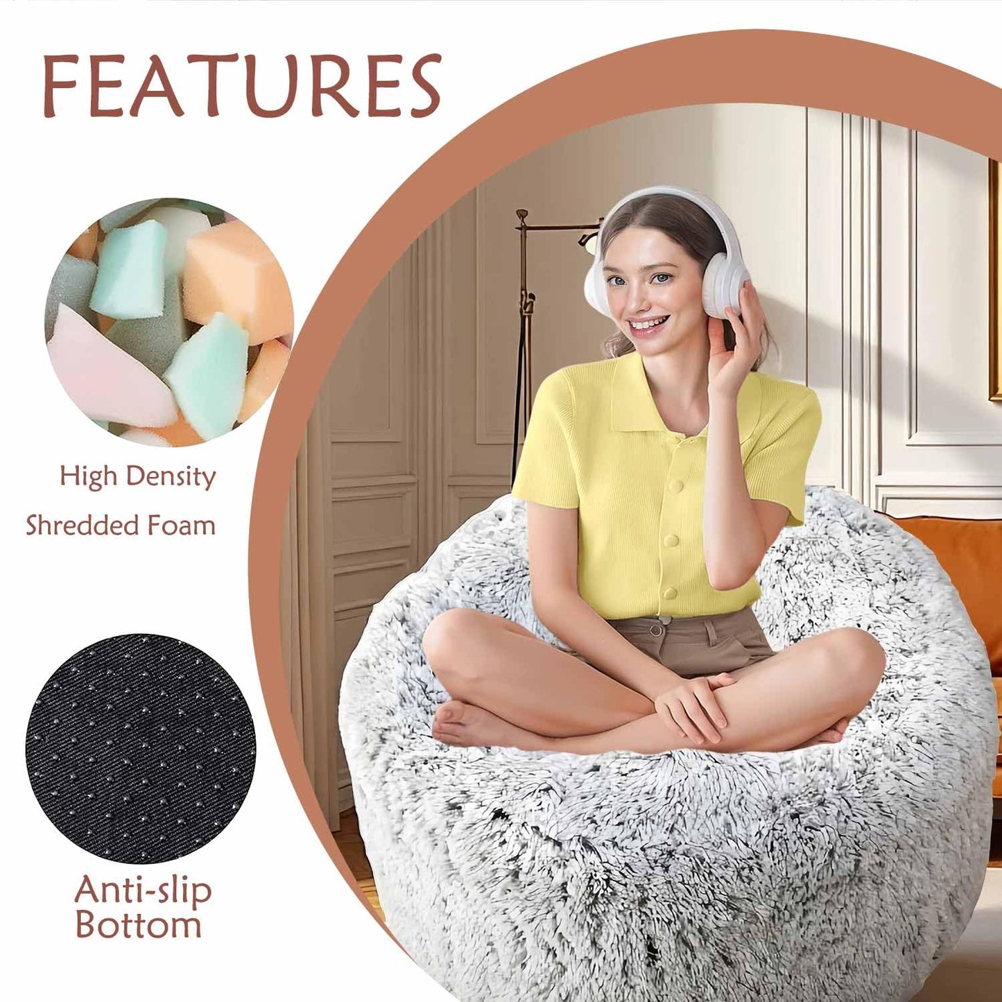 Plush Faux Fur Bean Bag Chairs, Memory Foam Filled Sofa Chair Shape Bean Bag for Adults/Teens/Kids, Ultra-Soft Lazy Sofa for Living Room Bedroom College Dorm, Grey
