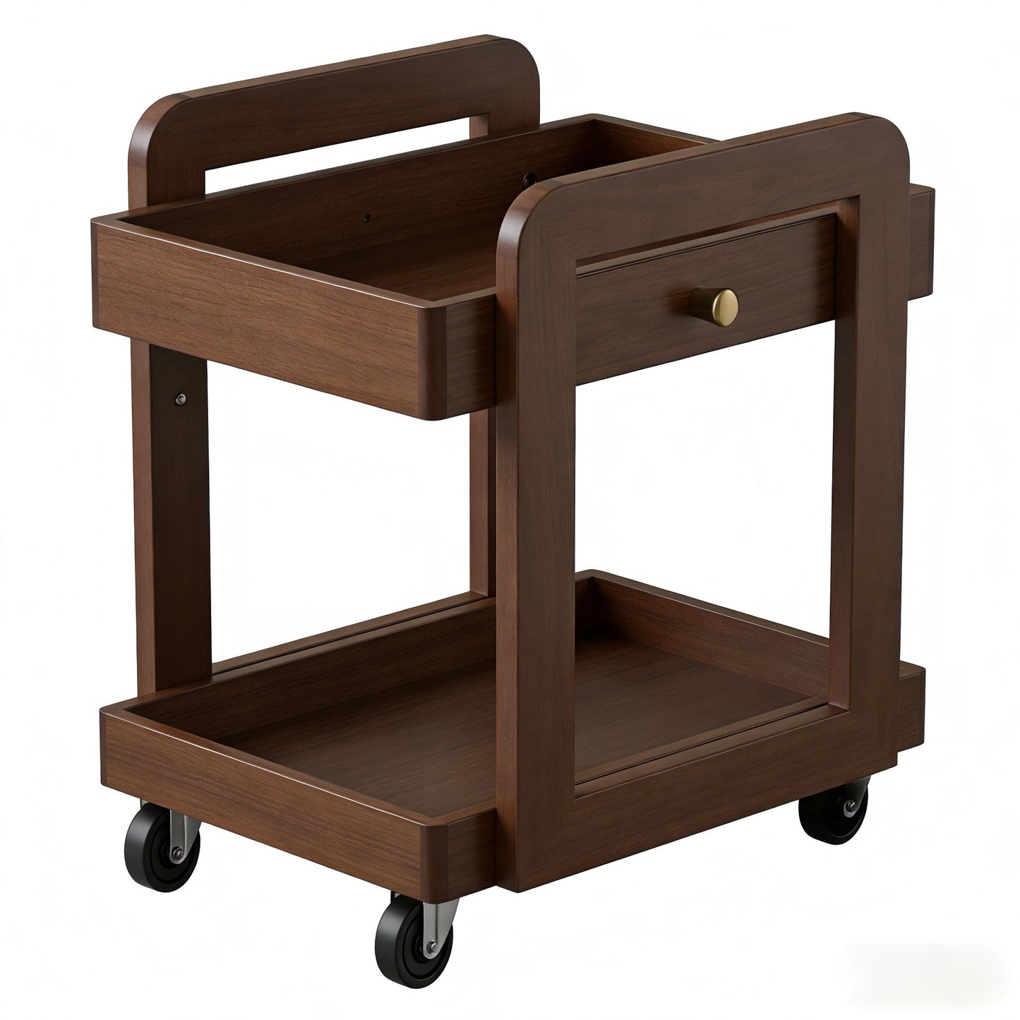 Rosolaratop Solid Wood Bar Cart with Drawer, 2-Tier Mobile Side Table with Universal Wheels, Walnut Finish Storage Trolley for Living Room, Tea Room, Bedroom
