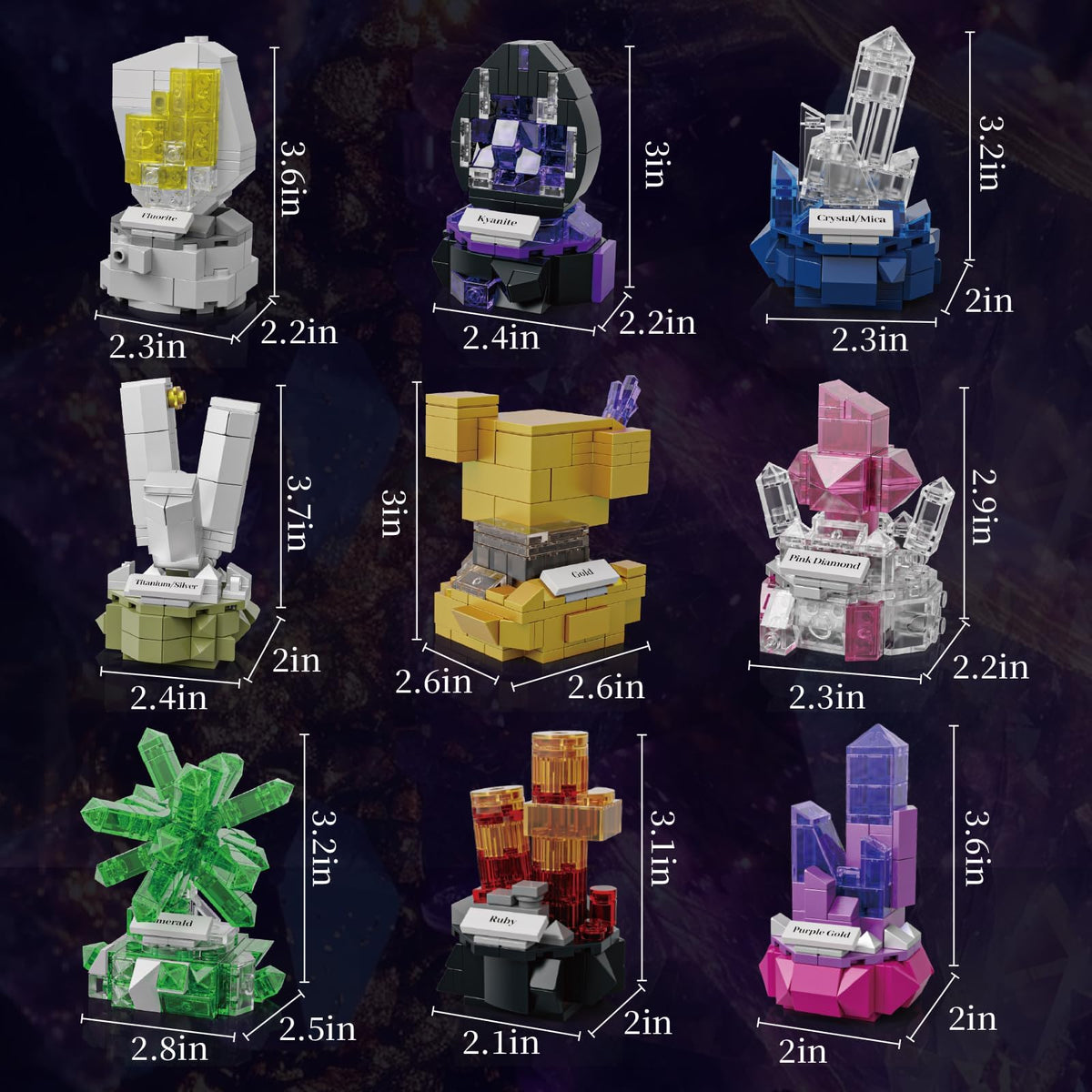 Mineral Display Building Blocks Set 794pcs, 9 Pack Gemstone Models, Crystal Rock Collection STEM Geology Bonsai Gems Home Office Decor, Compatible with Lego for Kids Adults Boys Girls 6+