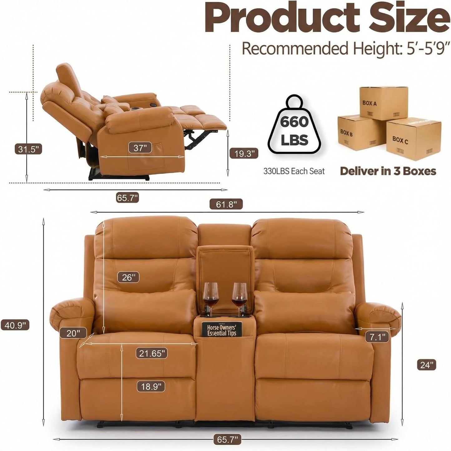 MANBUR RV Reclining Loveseat Sofa with Console, Wall Hugger Recliner Sofa, Double Recliner Home Movie Theater Seating with Cup Holders & Storage (Faux Leather Orange)