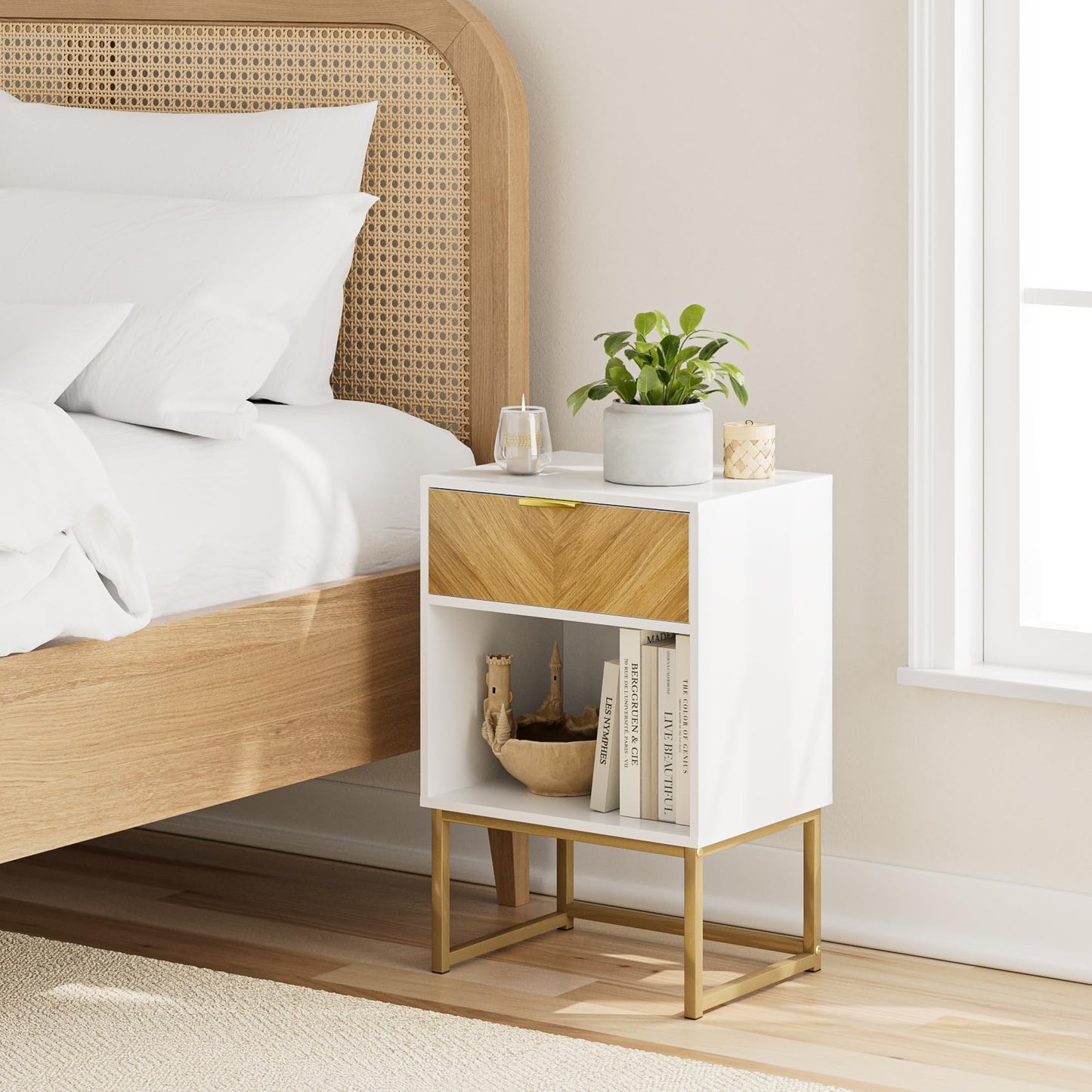 Masupu Night Stand,Bed Side Table Modern Nightstand Boho Wood with Storage Drawer Side End Table for Bedroom,Living Room,Office,White