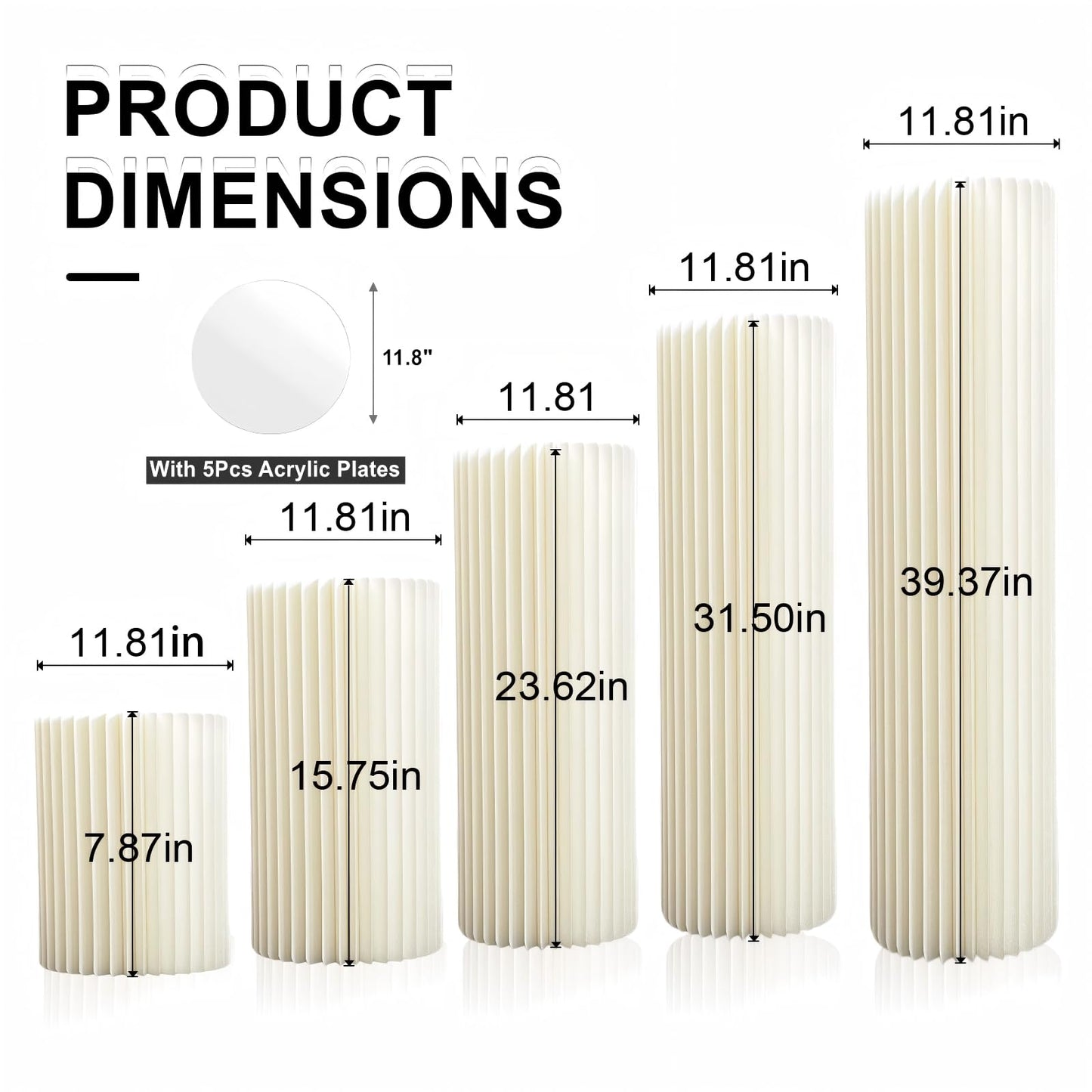 GUYARO Cylinder Stands for Party 5Pcs Round Pedestal Stand Foldable Cardboard Columns Cylinder Tables for Parties Baby Shower Birthday Wedding Pillars Display Decoration (White,5PCS)