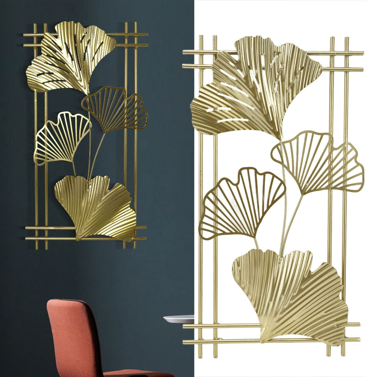 Omabeta Gold Metal Wall Decor, Aristocratic Luxurious Golden Leaf Wall Sculpture Assembly Free Elegant for Hotel