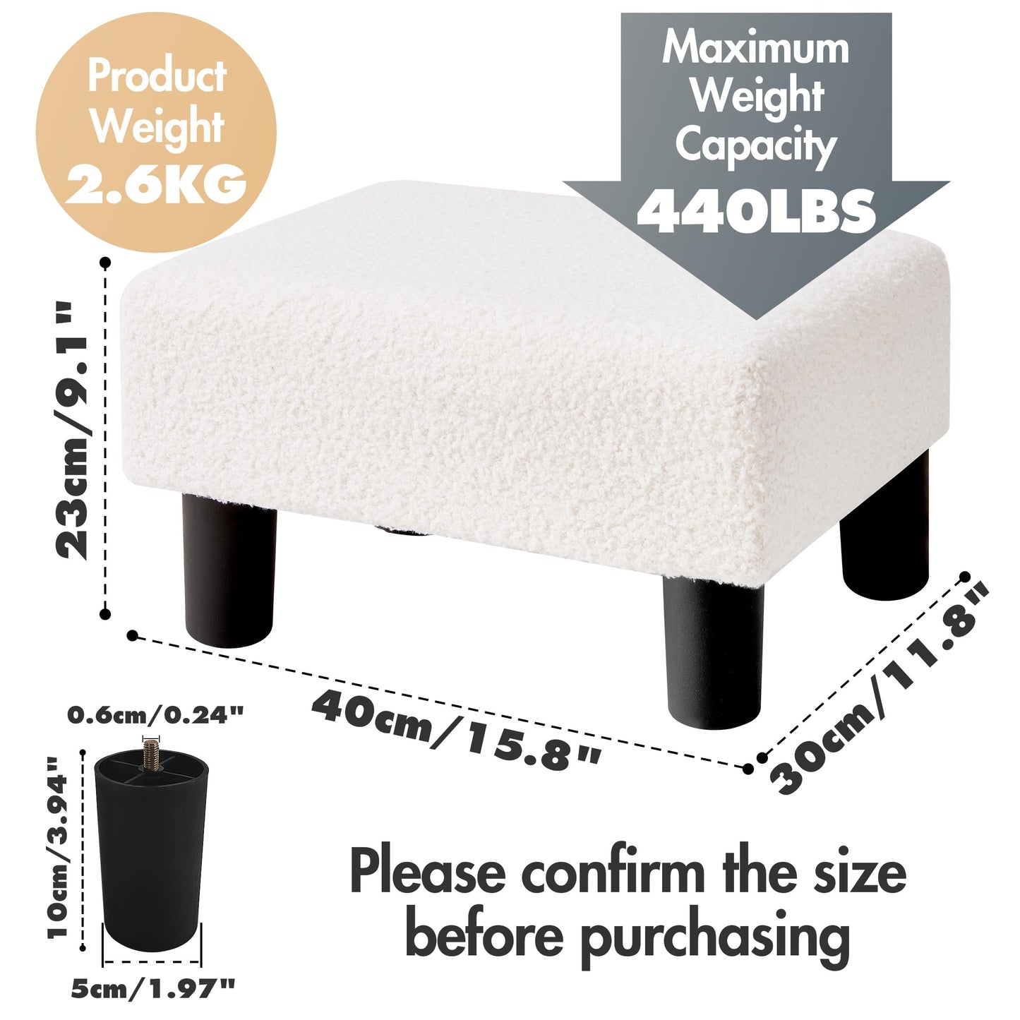 BRIAN & DANY Small Foot Stool Ottoman, Footstool with Legs, Teddy Velvet Foot Rest for Living Room, Bedroom and Office, White