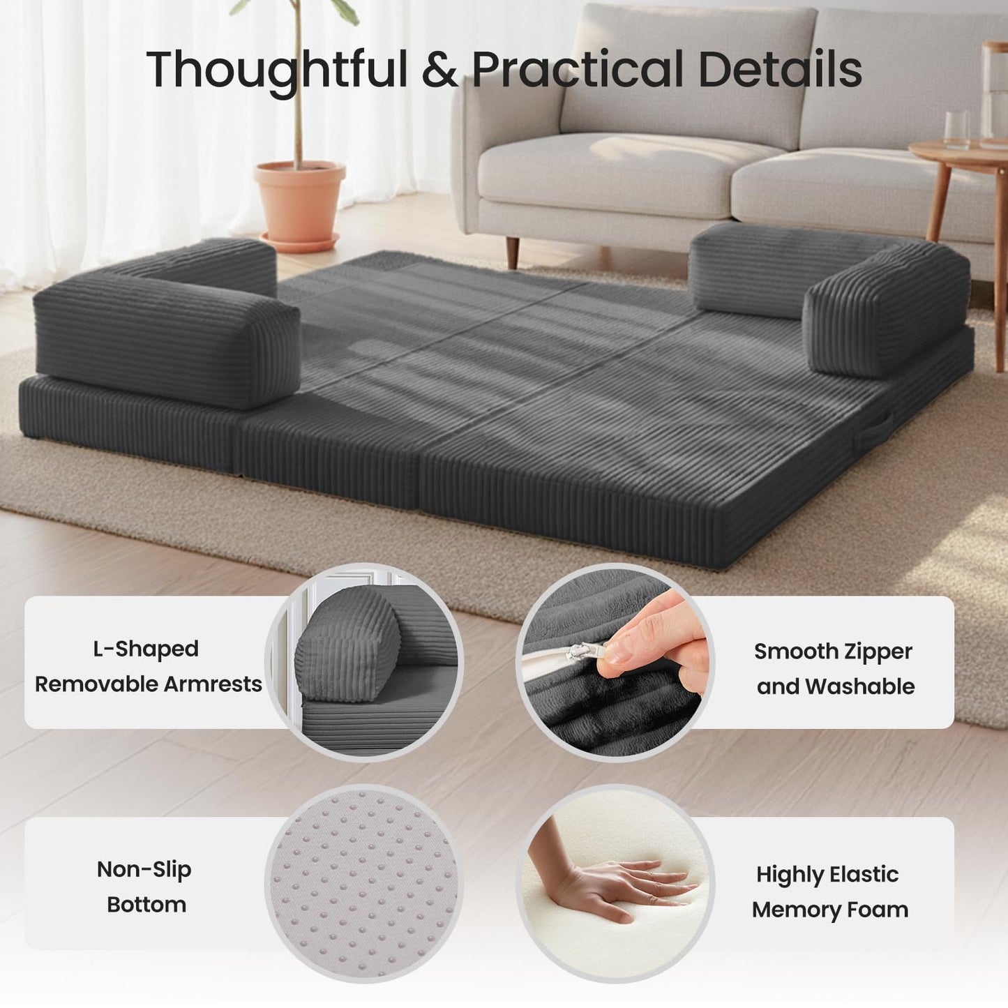 AOLVDOW Tri-Fold Foldable Mattress, Convertible Folding Sofa Bed with Removable Arms & Washable Cover, All-in-One Portable Mattress Floor Sofa Bed, No Assembly Required & Non-Slip, Queen Size, Grey