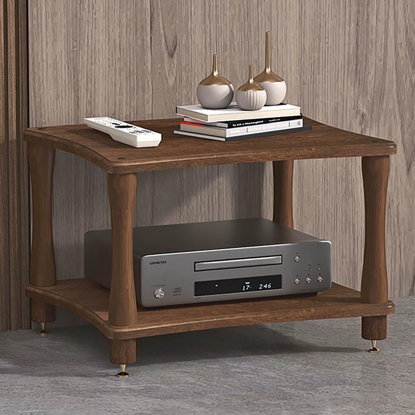 Solid Wood AV Media Stand - 2-Tier Audio Rack with Copper Feet, Stereo Storage Shelf for Home/Office/Theater - Stylish Black Walnut Finish (60x48x42cm)