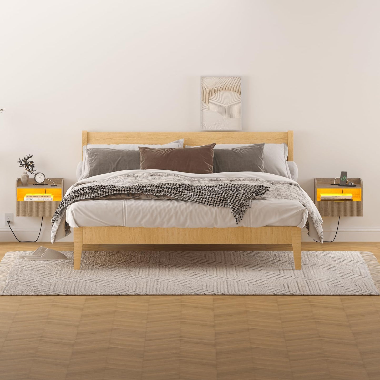 Veegle White Floating Nightstand with Charging Station and LED Lights (Grey)