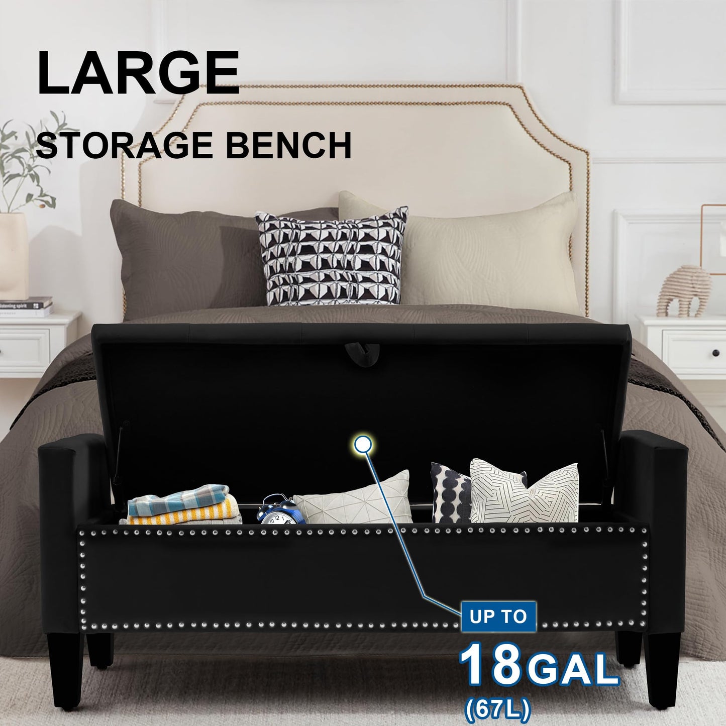 UDAX Storage Ottoman Bench, Velvet Upholstered Footstool for Bedroom and Living Room, Tufted Seat with Storage, Wooden Legs & Metal Rivets, Black