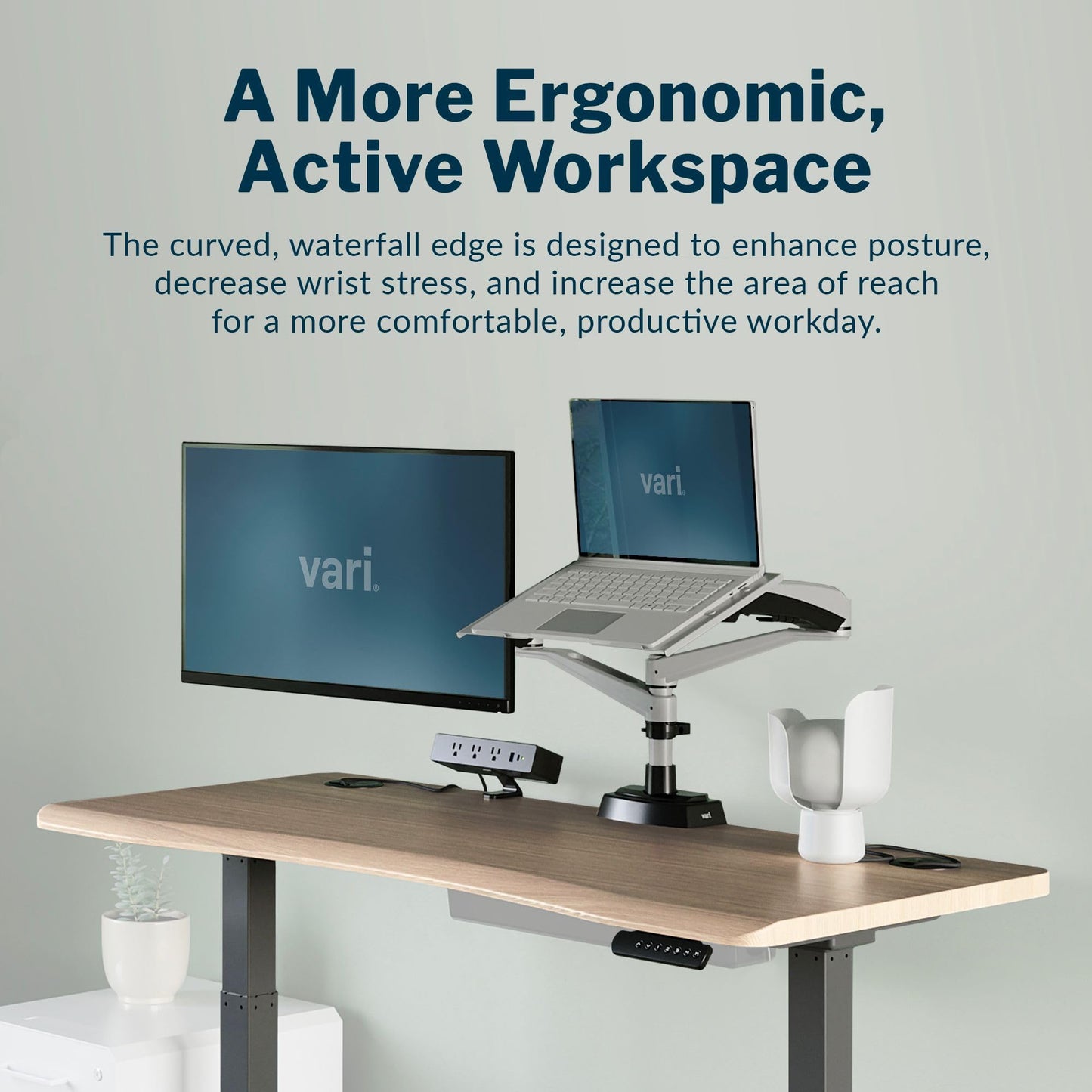 Vari Ergo 54x26 Electric Standing Desk – Height Adjustable Sit Stand VariDesk + Curved Waterfall Edge, 4 Memory Settings, Quick Assembly, Cable Management, 200 lb Capacity – Light Wood (2 Boxes)