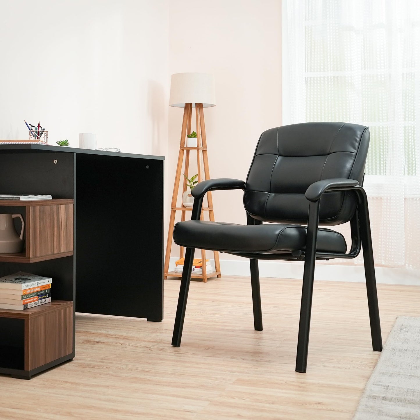 Amazon Basics Classic Faux Leather Office Desk Chair with Armrests, Metal Frame, Black, 27.4D x 23.6W x 35.8H in